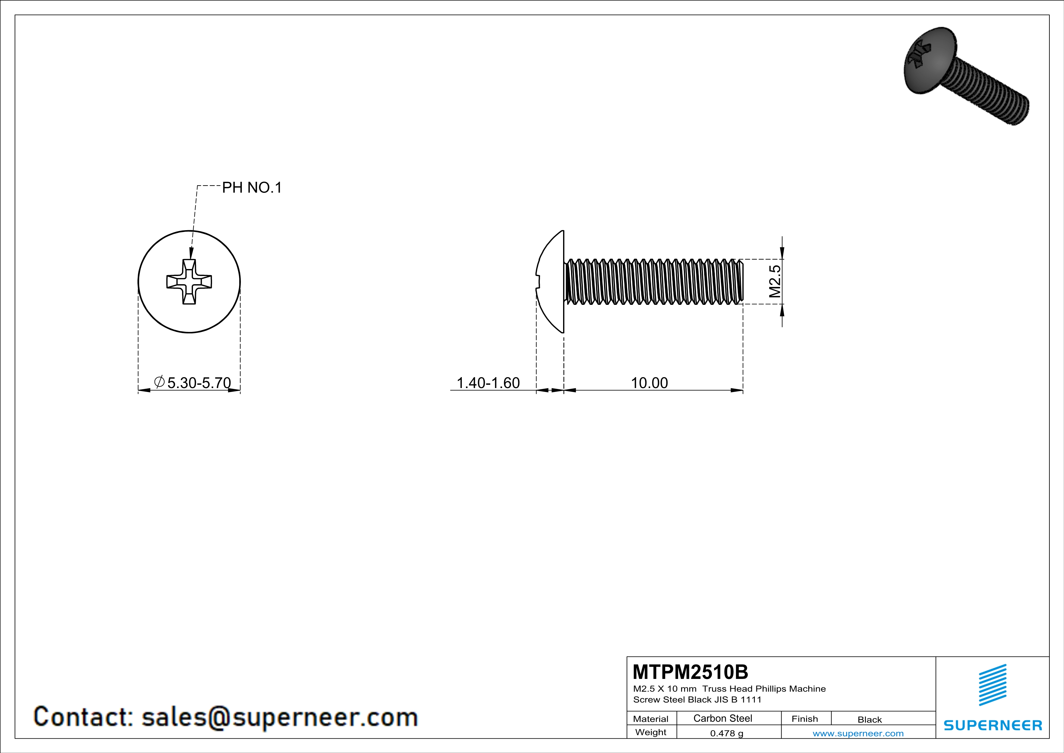 M2.5 x 10 mm Truss Head Phillips Machine Screw Steel Black JIS B 1111