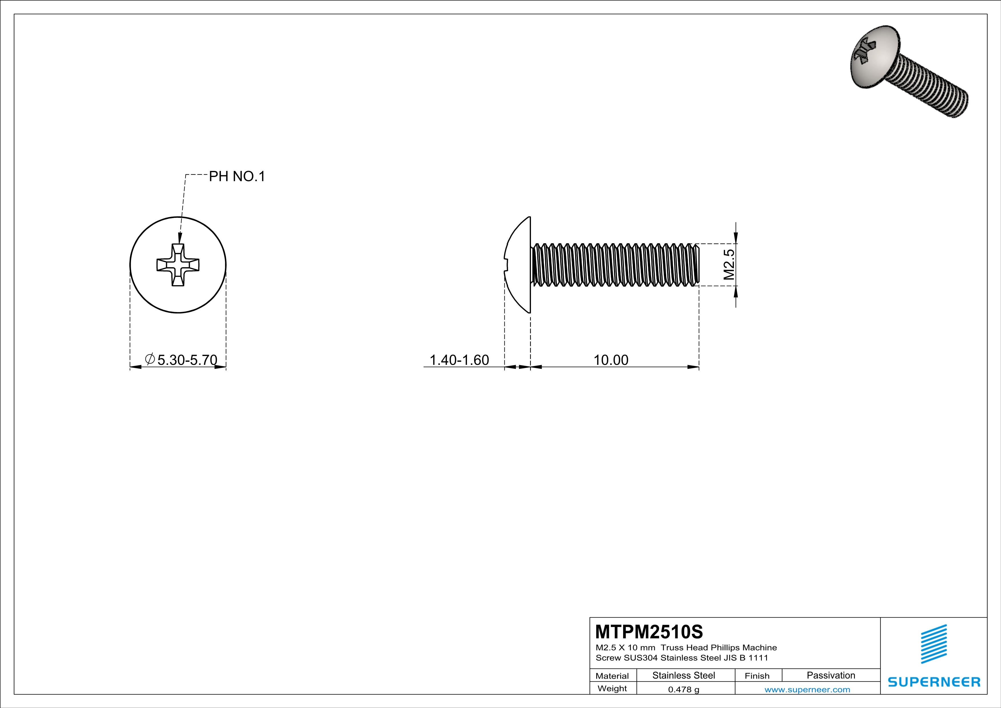 M2.5 x 10 mm  Truss Head Phillips Machine Screw SUS304 Stainless Steel Inox JIS B 1111