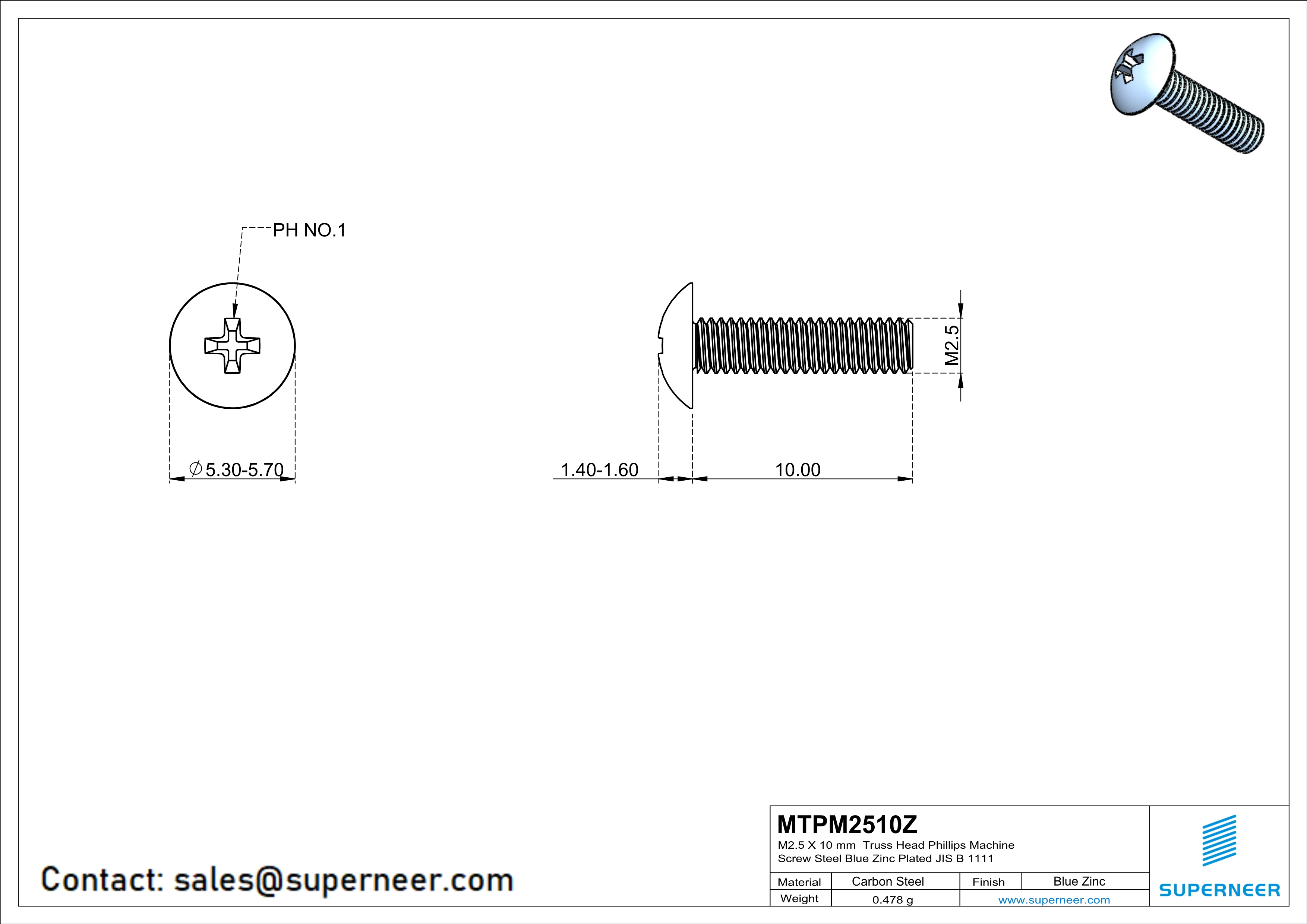 M2.5 x 10 mm Truss Head Phillips Machine Screw Steel Blue Zinc Plated JIS B 1111