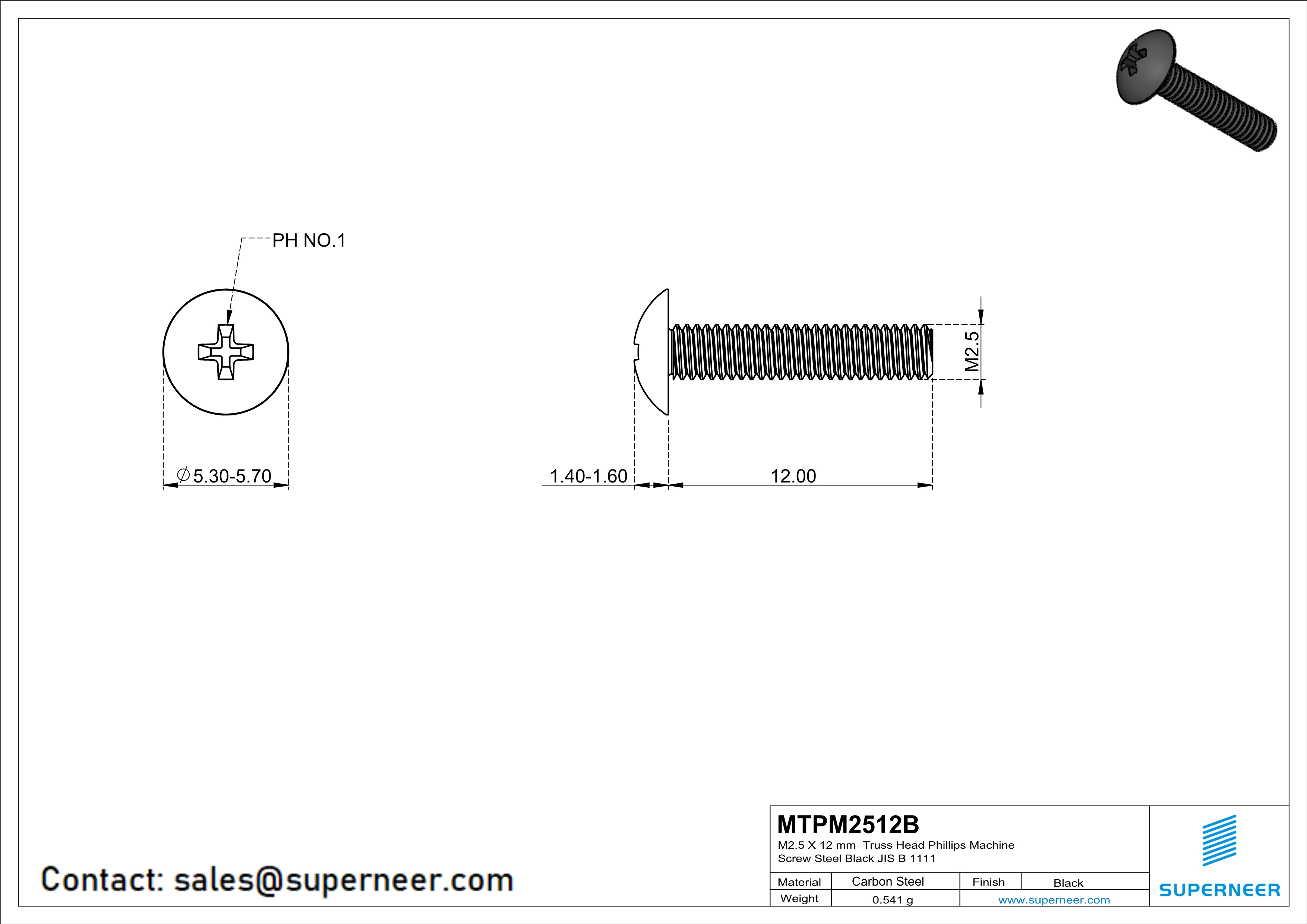 M2.5 x 12 mm Truss Head Phillips Machine Screw Steel Black JIS B 1111