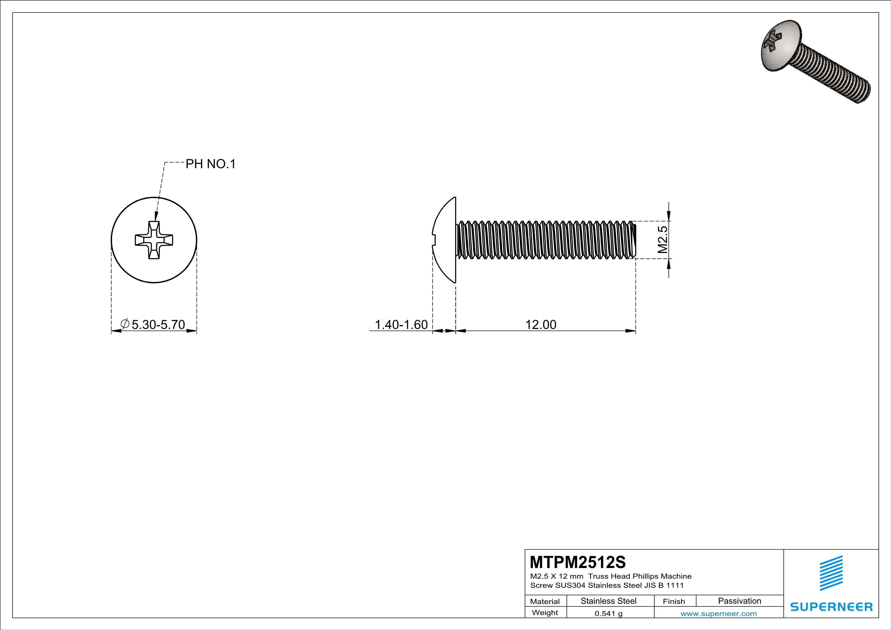 M2.5 x 12 mm  Truss Head Phillips Machine Screw SUS304 Stainless Steel Inox JIS B 1111