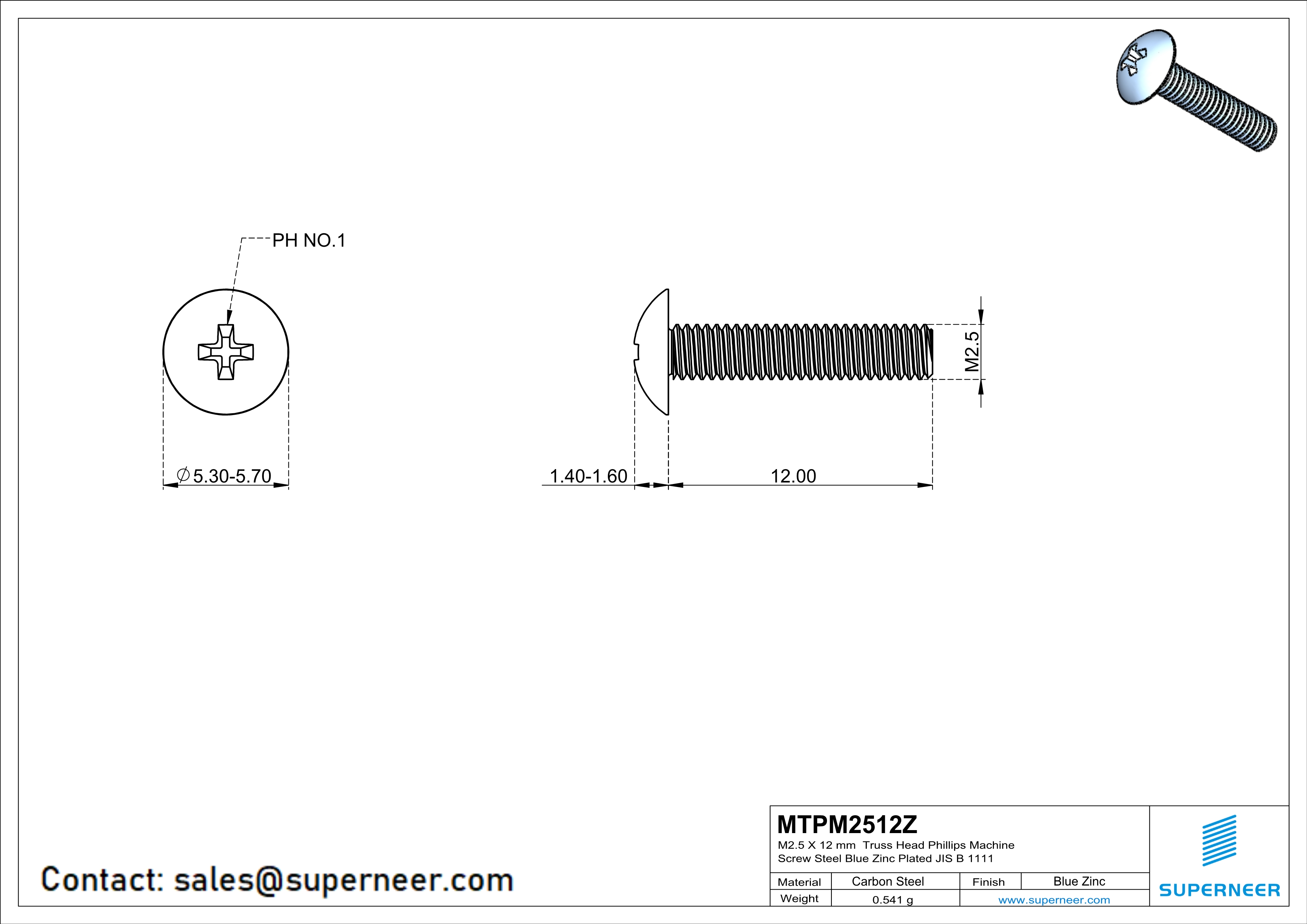 M2.5 x 12 mm Truss Head Phillips Machine Screw Steel Blue Zinc Plated JIS B 1111