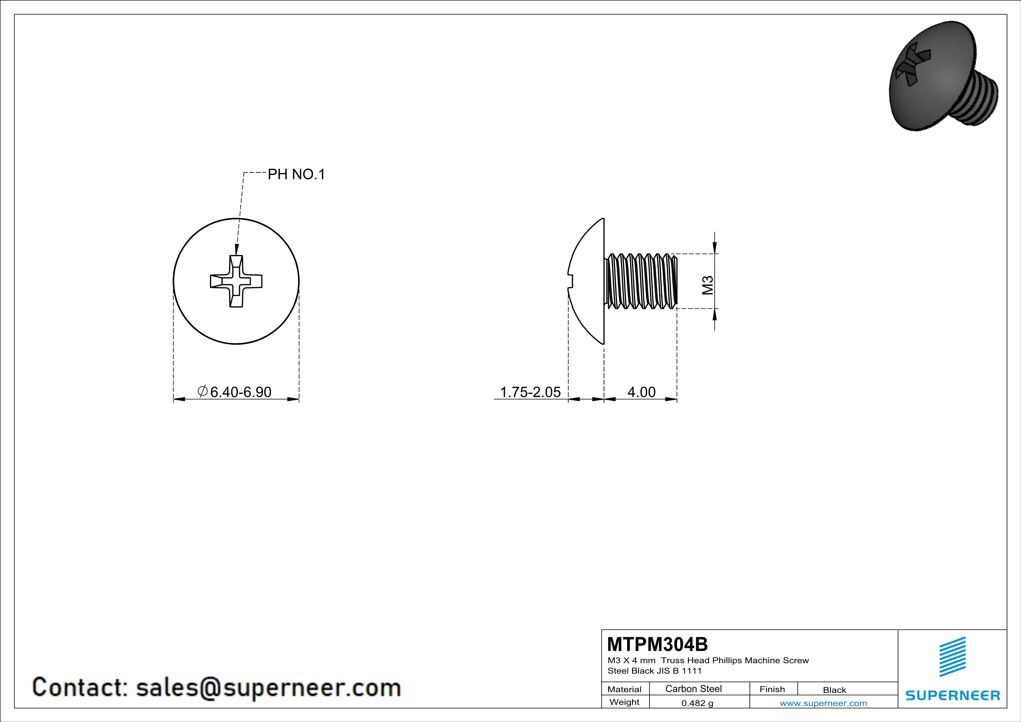 M3 x 4 mm Truss Head Phillips Machine Screw Steel Black JIS B 1111