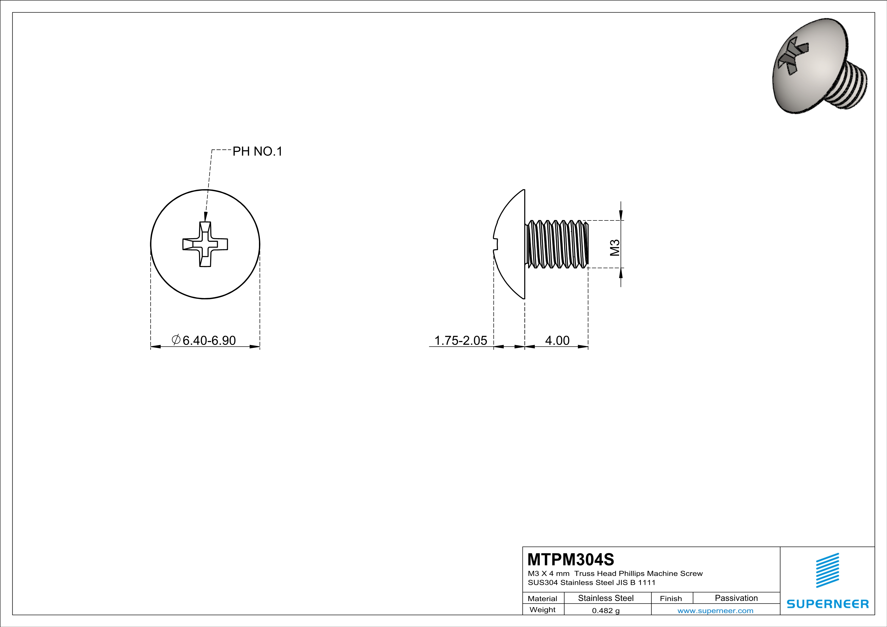 M3 x 4 mm  Truss Head Phillips Machine Screw SUS304 Stainless Steel Inox JIS B 1111