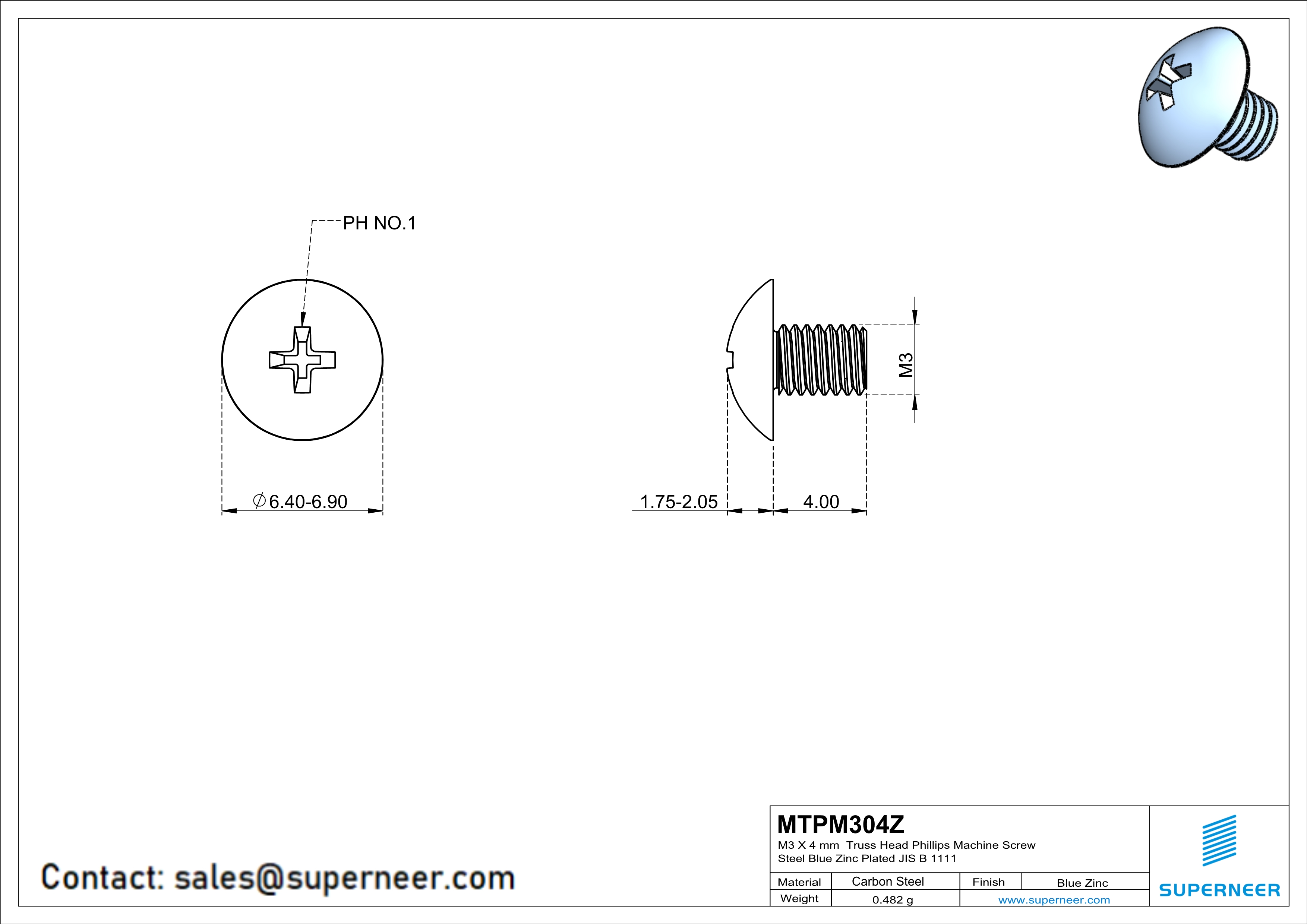 M3 x 4 mm Truss Head Phillips Machine Screw Steel Blue Zinc Plated JIS B 1111