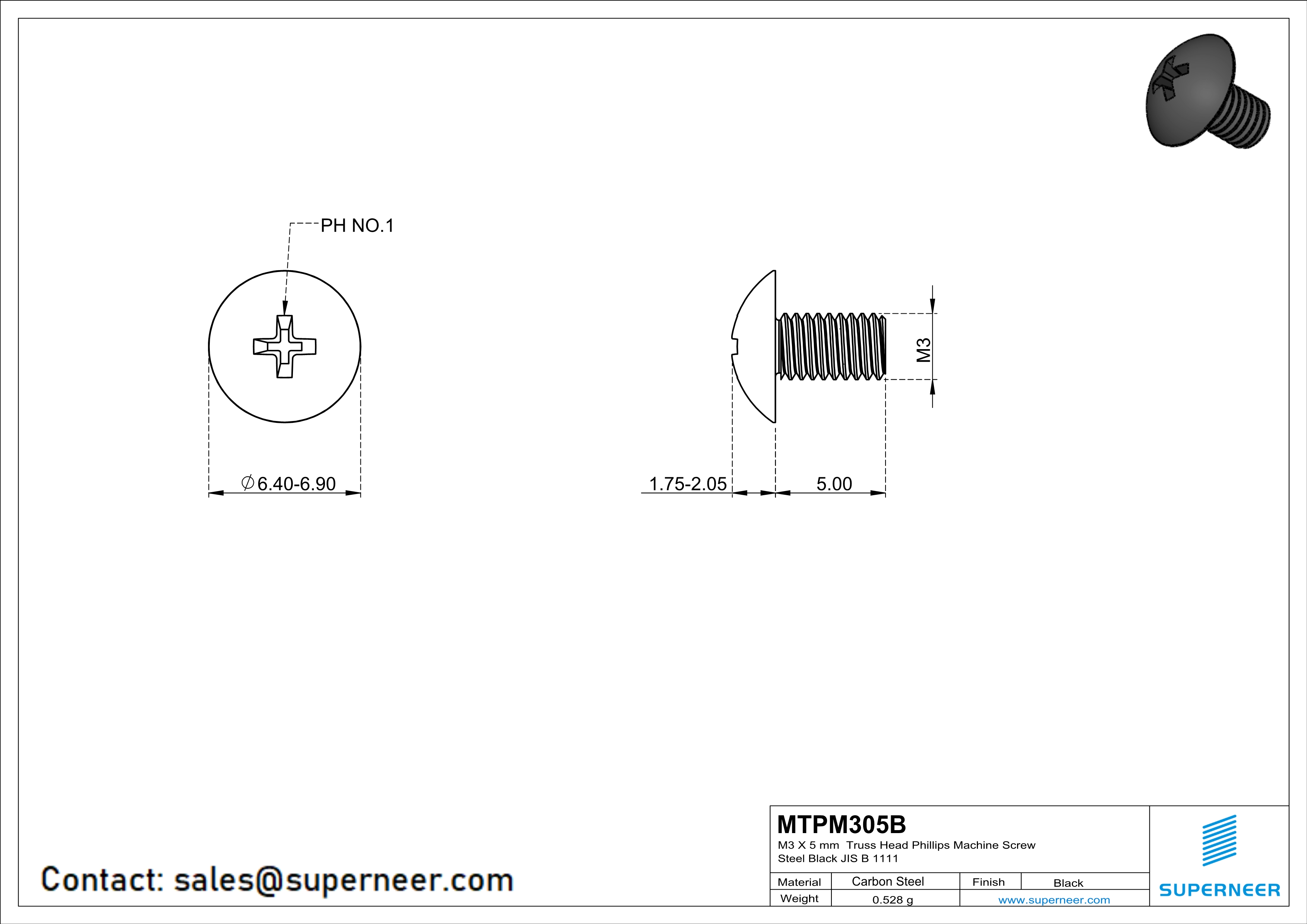 M3 x 5 mm Truss Head Phillips Machine Screw Steel Black JIS B 1111