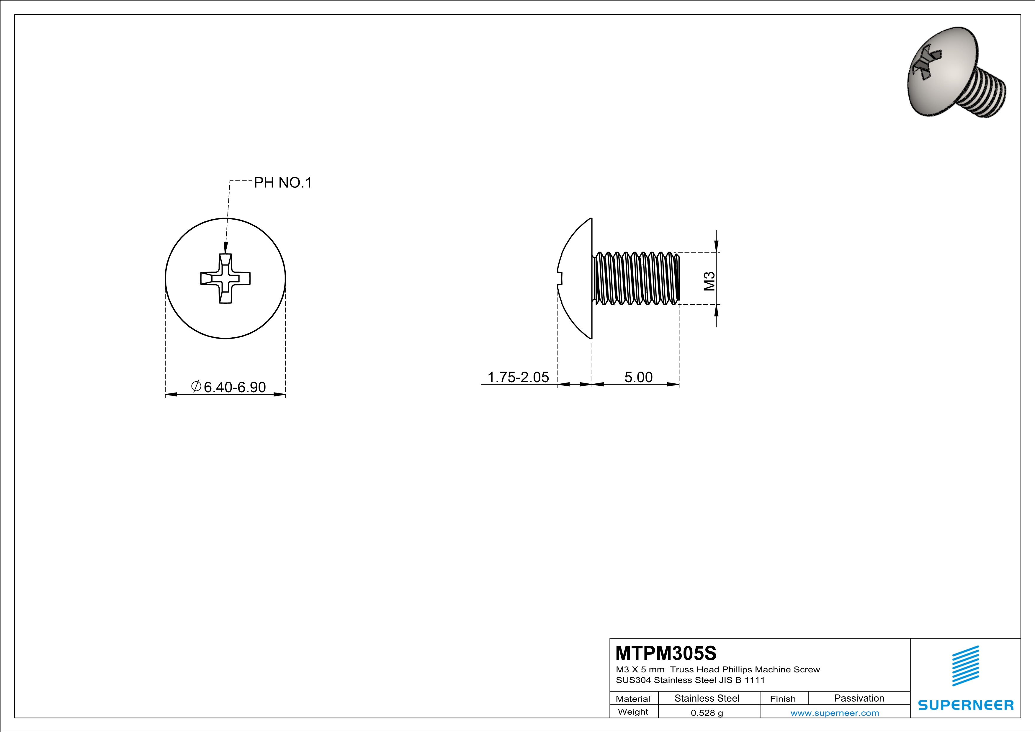 M3 x 5 mm  Truss Head Phillips Machine Screw SUS304 Stainless Steel Inox JIS B 1111