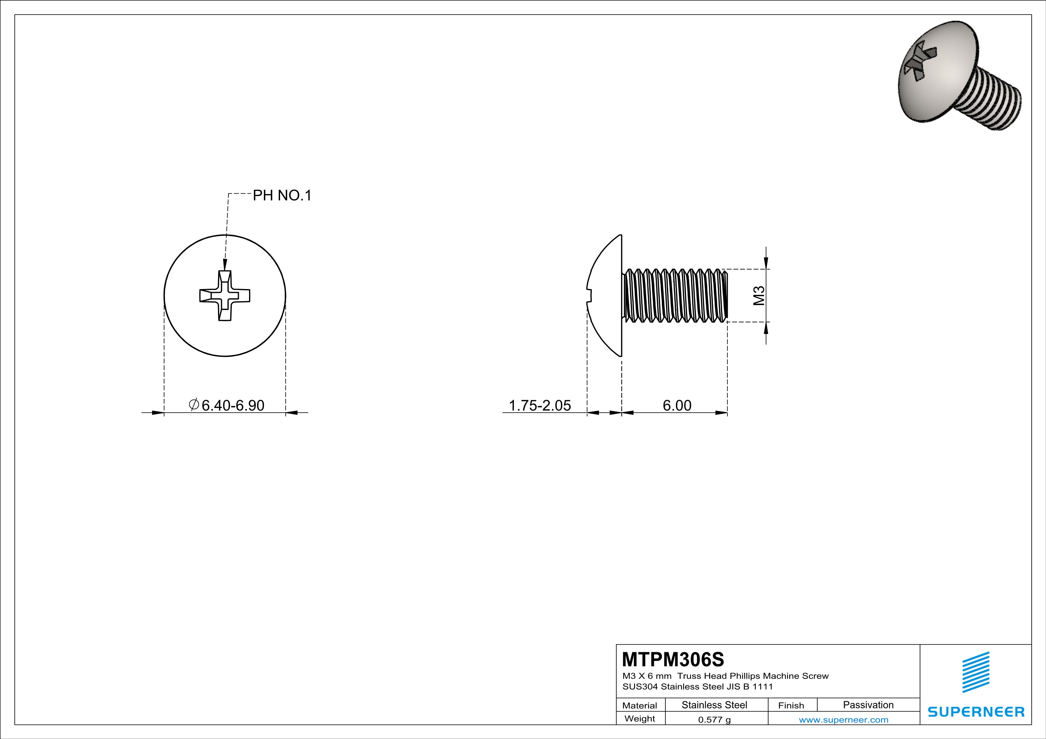 M3 x 6 mm  Truss Head Phillips Machine Screw SUS304 Stainless Steel Inox JIS B 1111