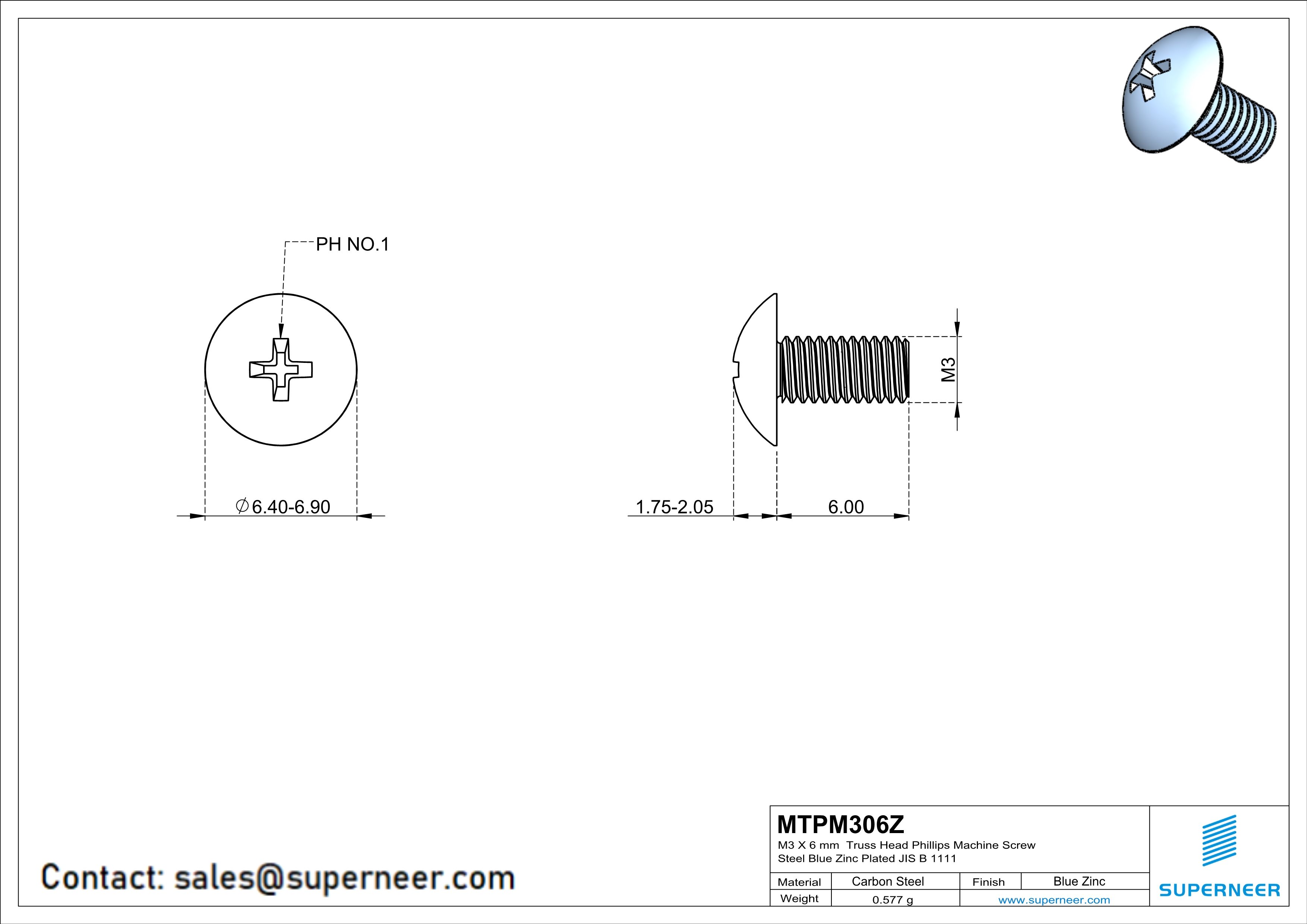 M3 x 6 mm Truss Head Phillips Machine Screw Steel Blue Zinc Plated JIS B 1111