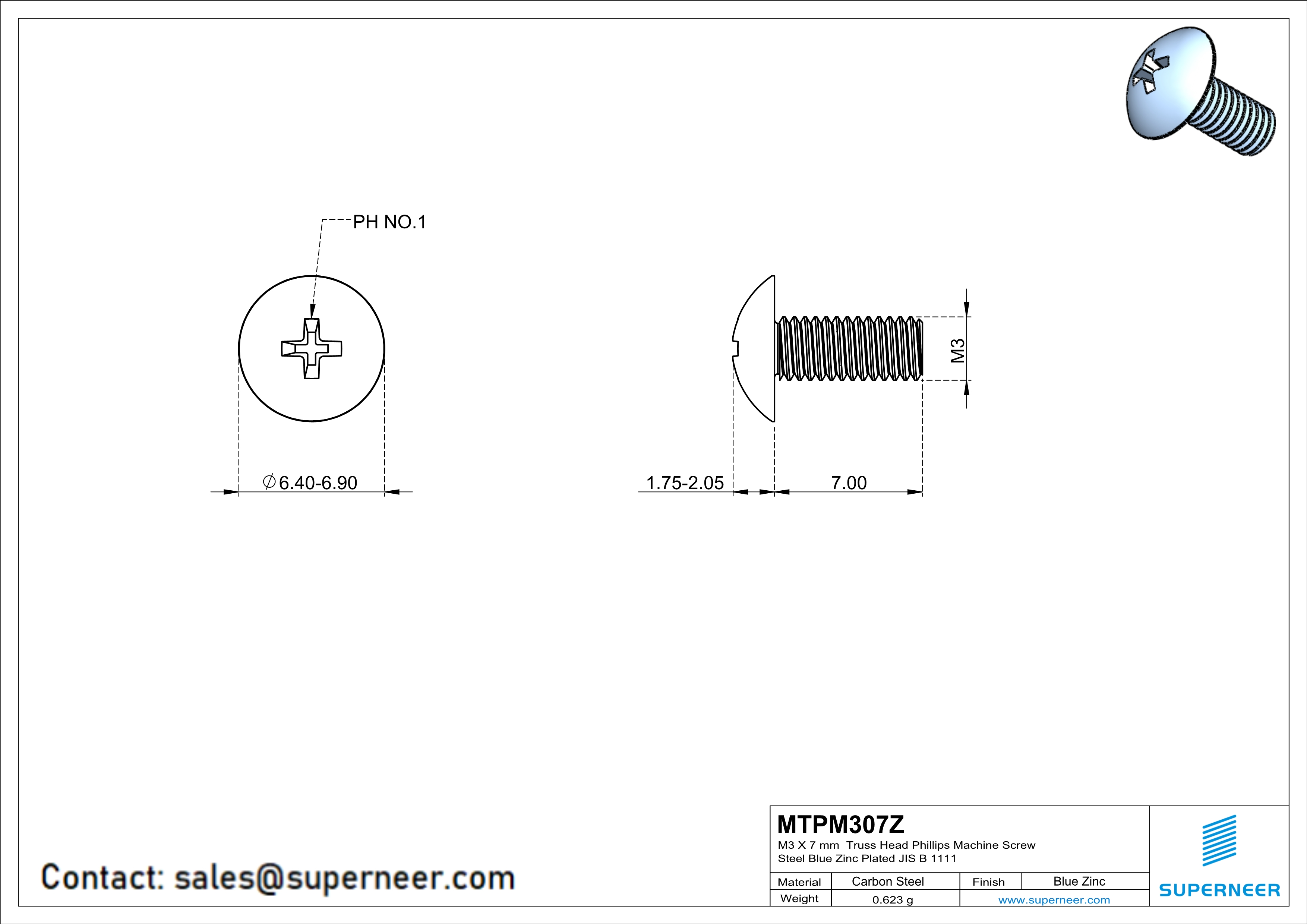 M3 x 7 mm Truss Head Phillips Machine Screw Steel Blue Zinc Plated JIS B 1111