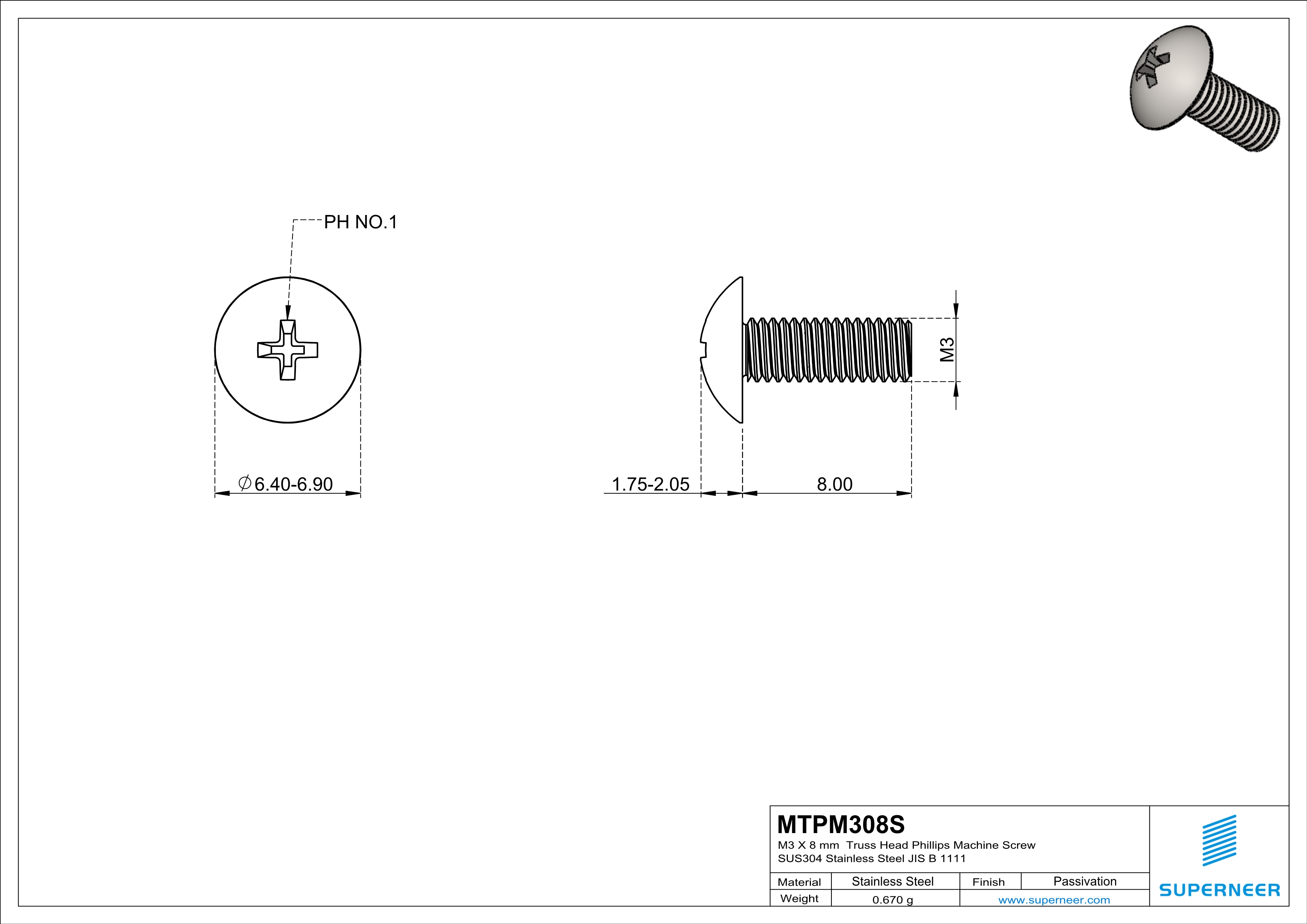 M3 x 8 mm  Truss Head Phillips Machine Screw SUS304 Stainless Steel Inox JIS B 1111