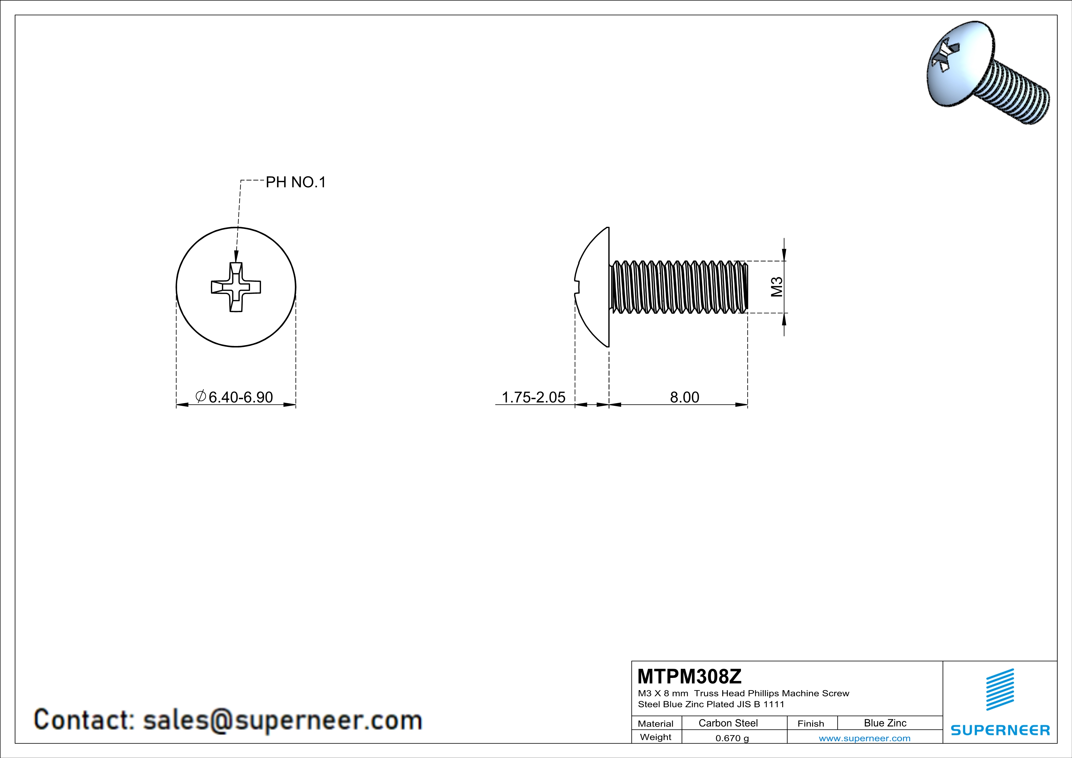 M3 x 8 mm Truss Head Phillips Machine Screw Steel Blue Zinc Plated JIS B 1111