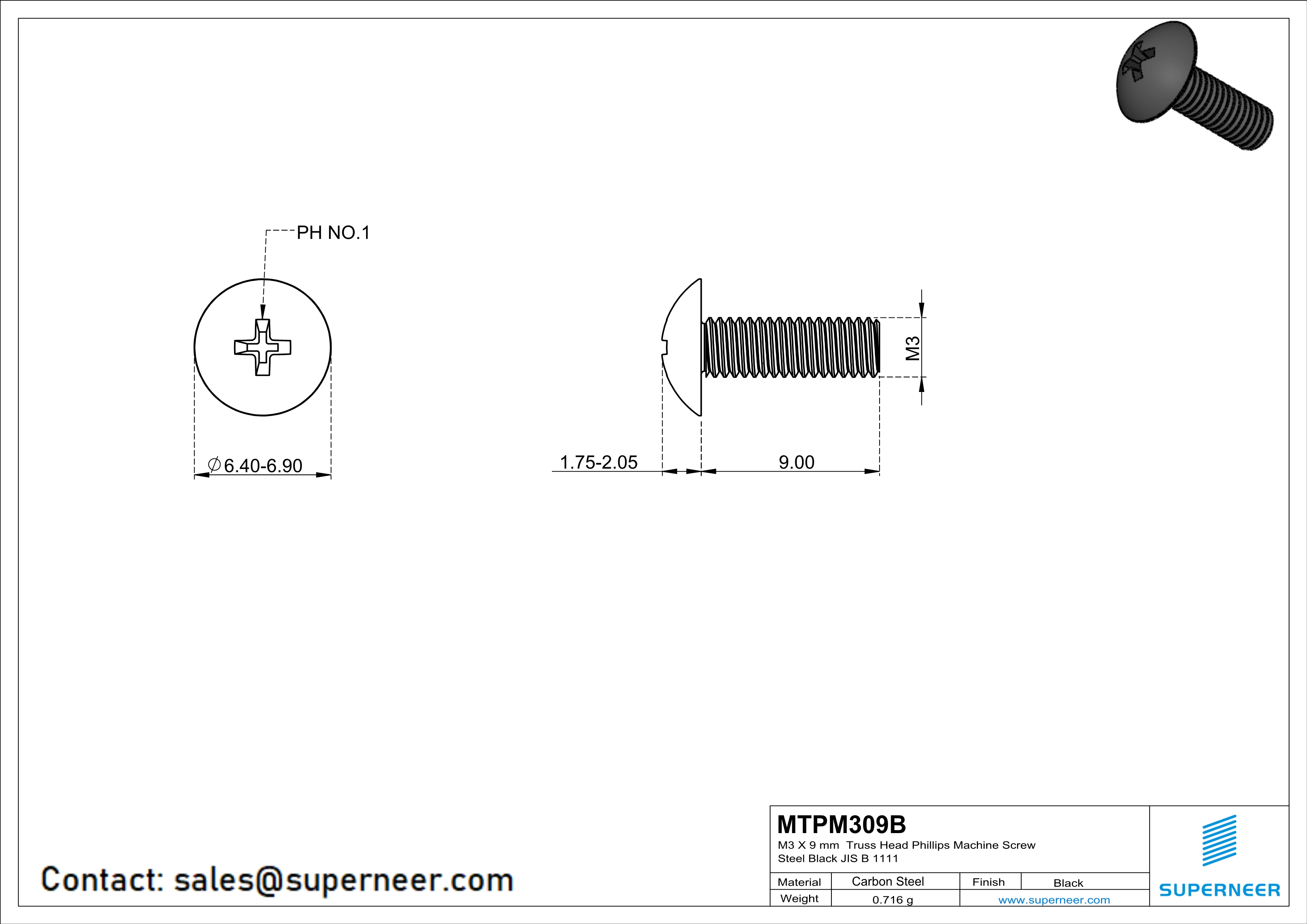 M3 x 9 mm Truss Head Phillips Machine Screw Steel Black JIS B 1111