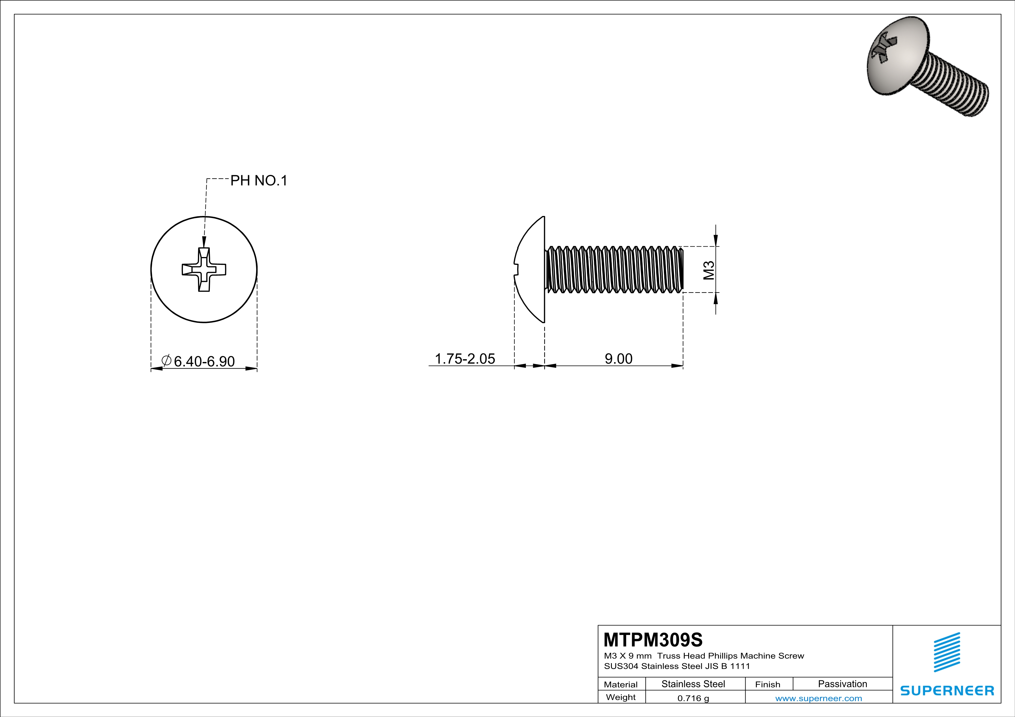 M3 x 9 mm  Truss Head Phillips Machine Screw SUS304 Stainless Steel Inox JIS B 1111