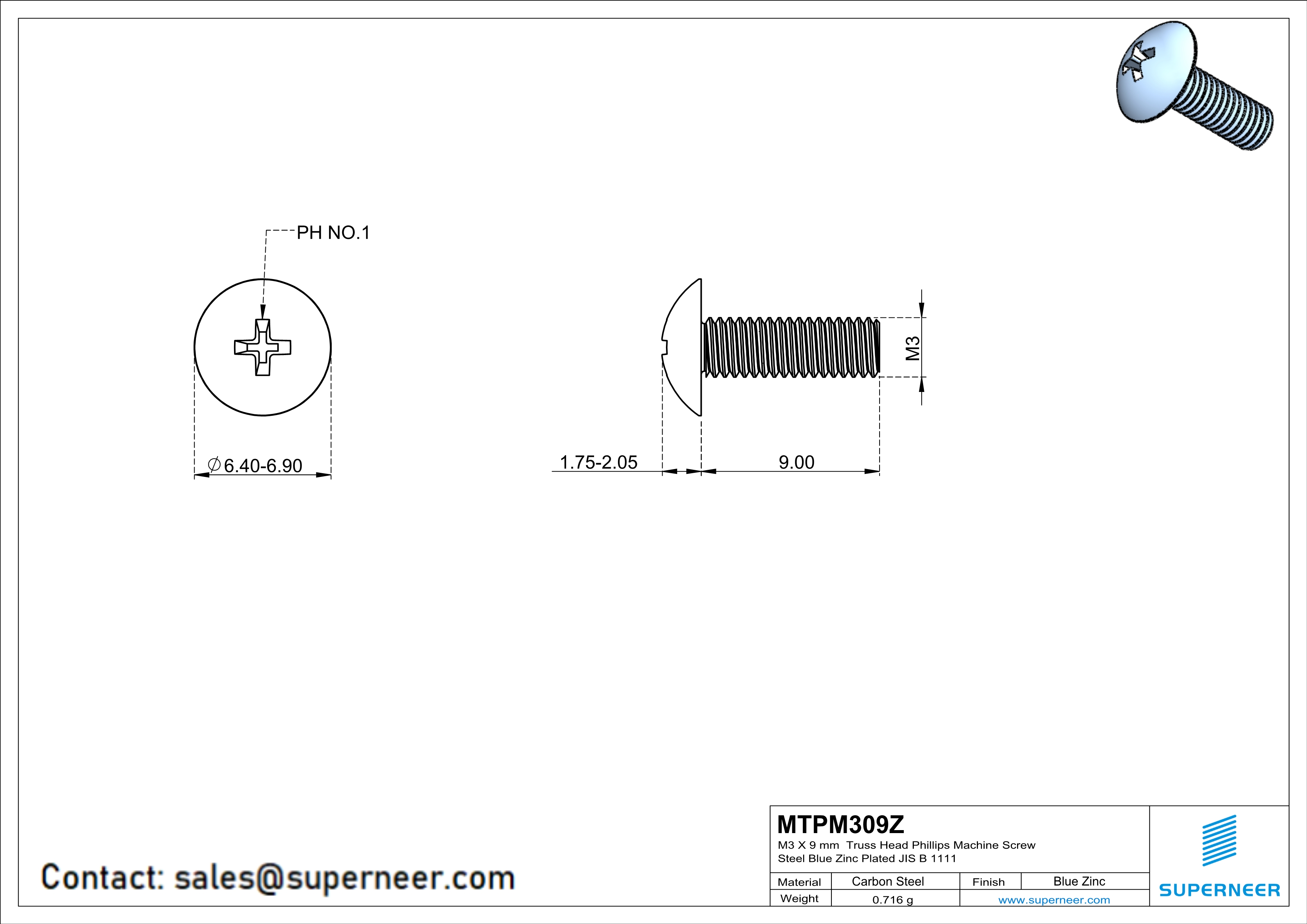 M3 x 9 mm Truss Head Phillips Machine Screw Steel Blue Zinc Plated JIS B 1111