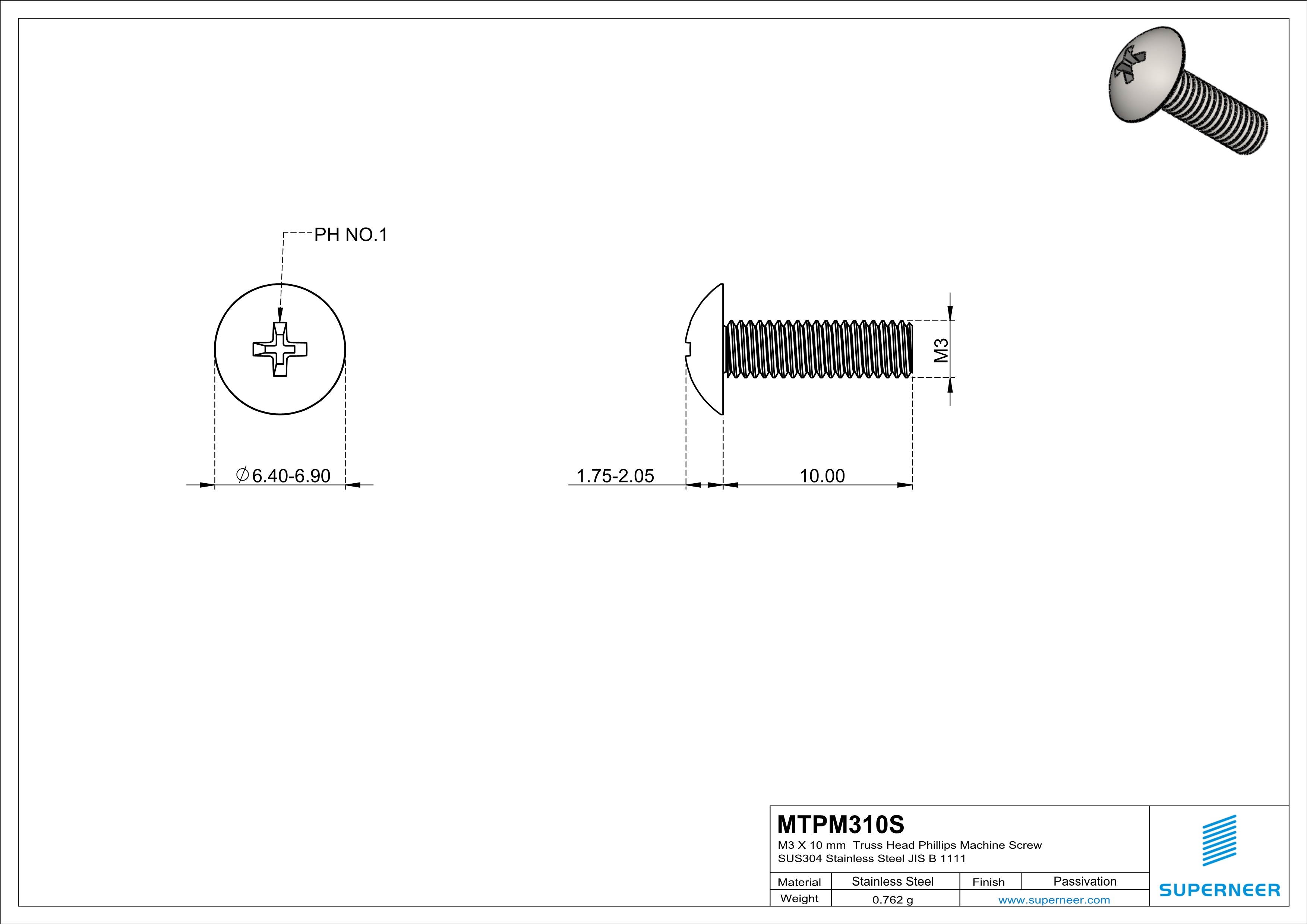 M3 x 10 mm  Truss Head Phillips Machine Screw SUS304 Stainless Steel Inox JIS B 1111