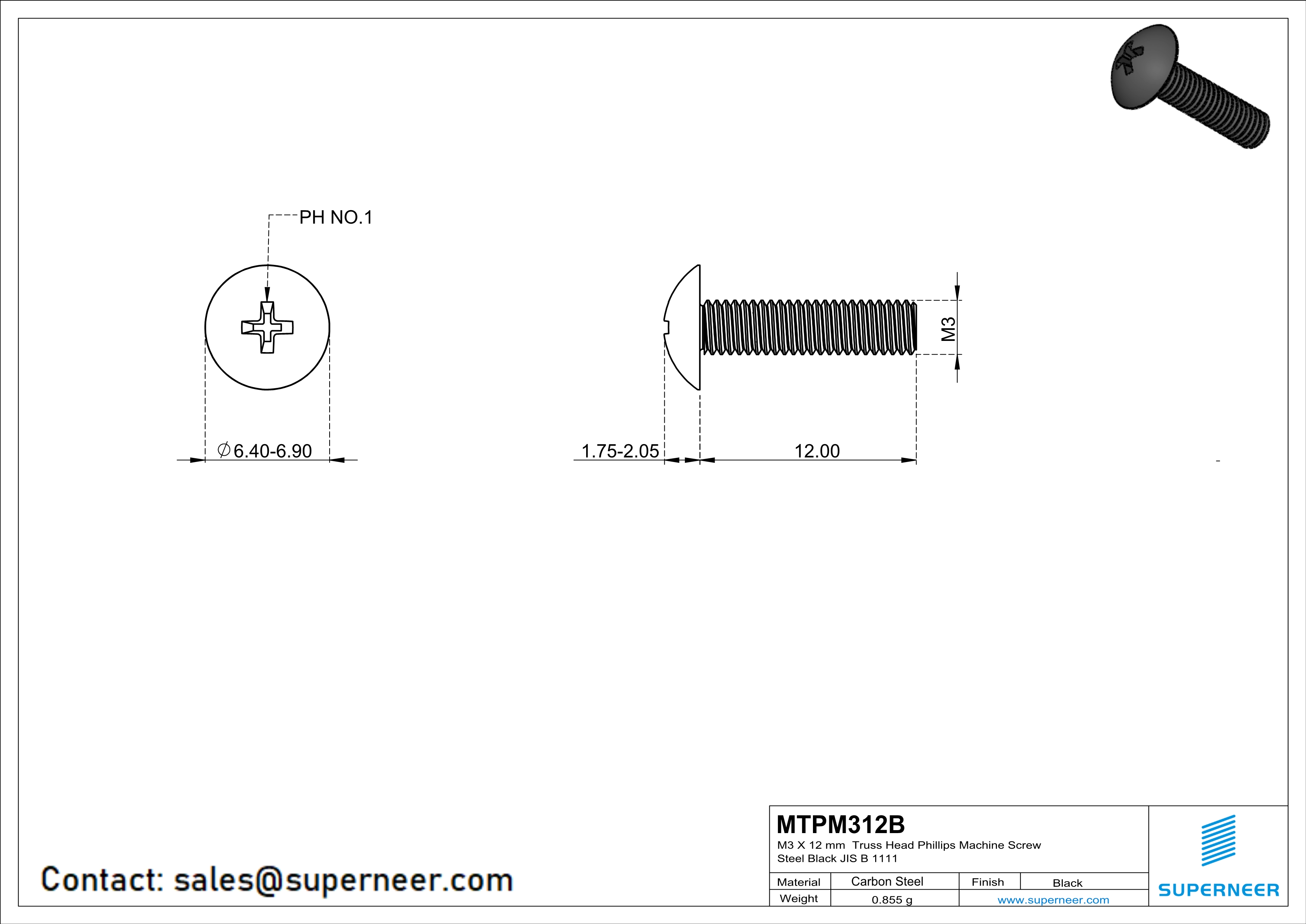 M3 x 12 mm Truss Head Phillips Machine Screw Steel Black JIS B 1111