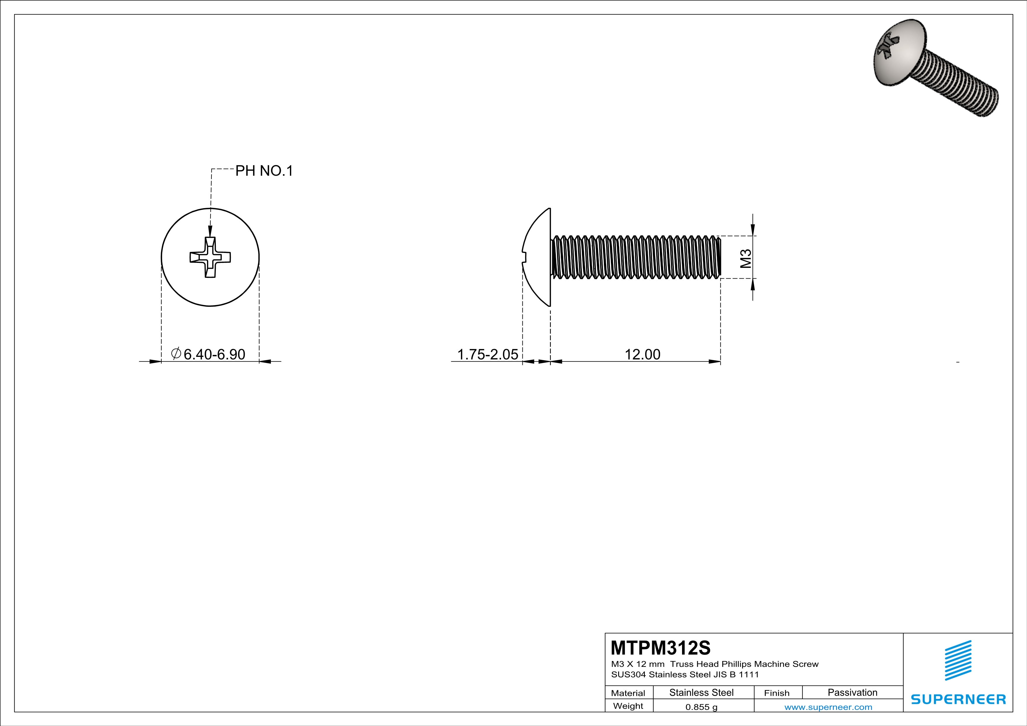 M3 x 12 mm  Truss Head Phillips Machine Screw SUS304 Stainless Steel Inox JIS B 1111