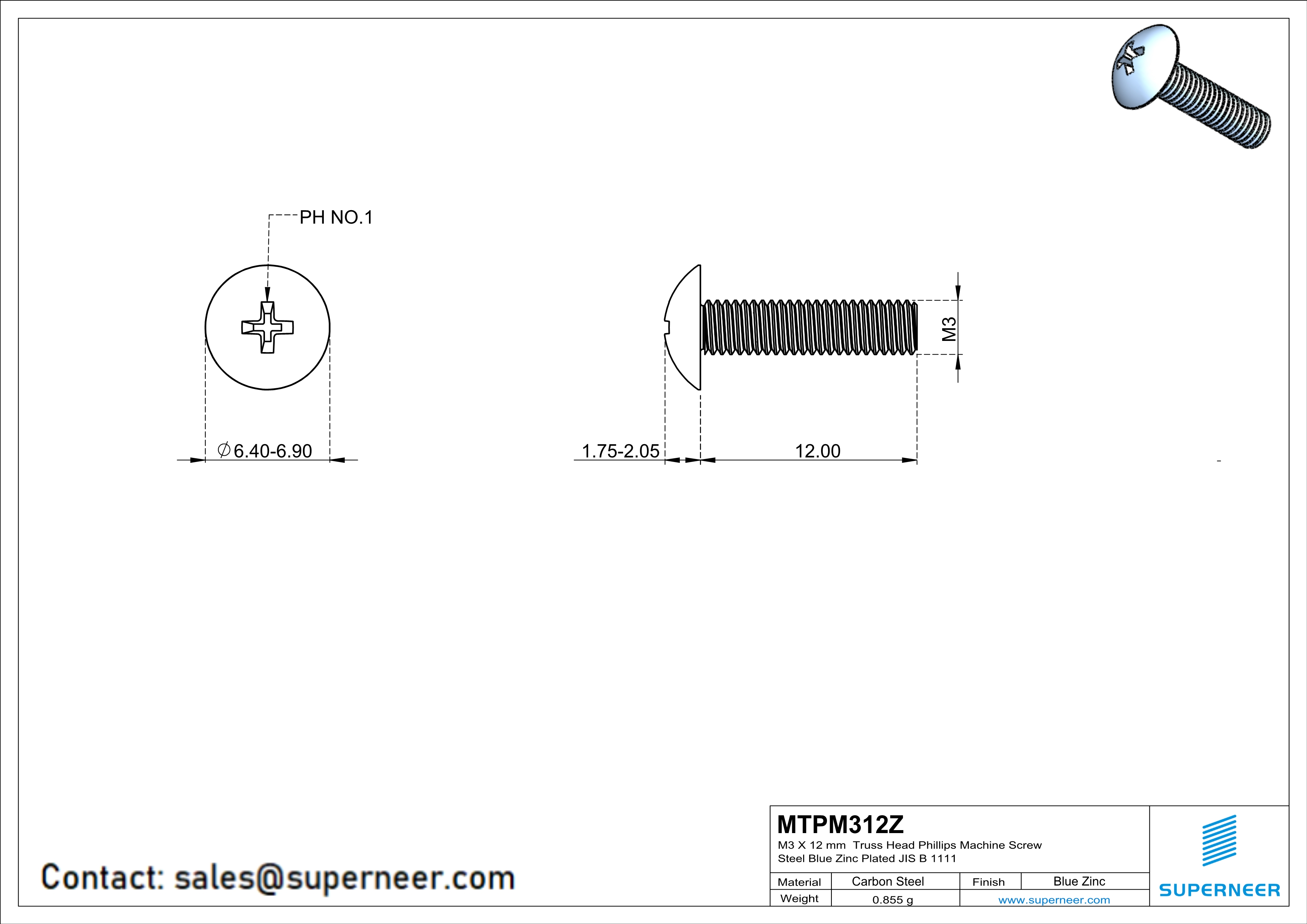 M3 x 12 mm Truss Head Phillips Machine Screw Steel Blue Zinc Plated JIS B 1111