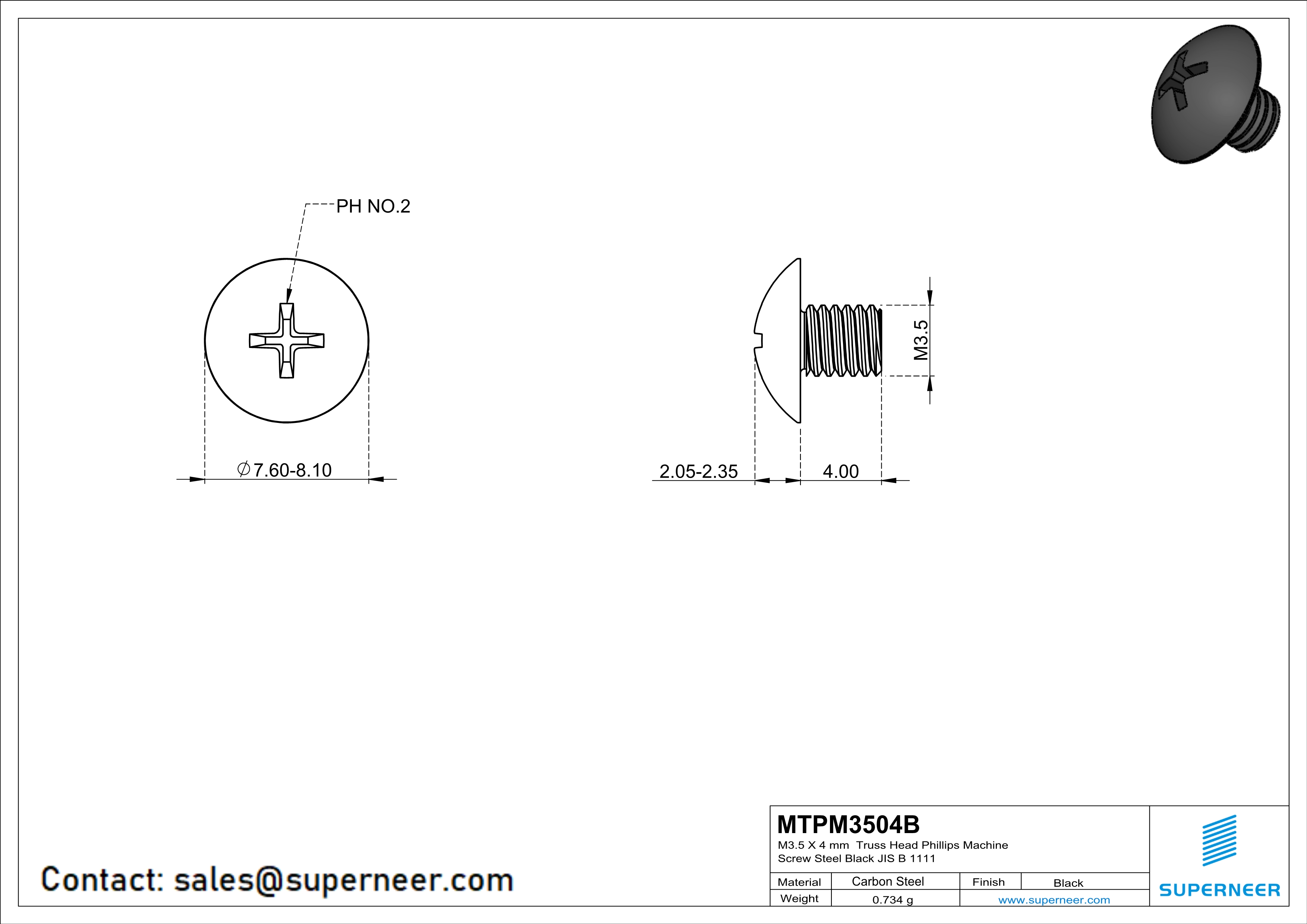 M3.5 x 4 mm Truss Head Phillips Machine Screw Steel Black JIS B 1111