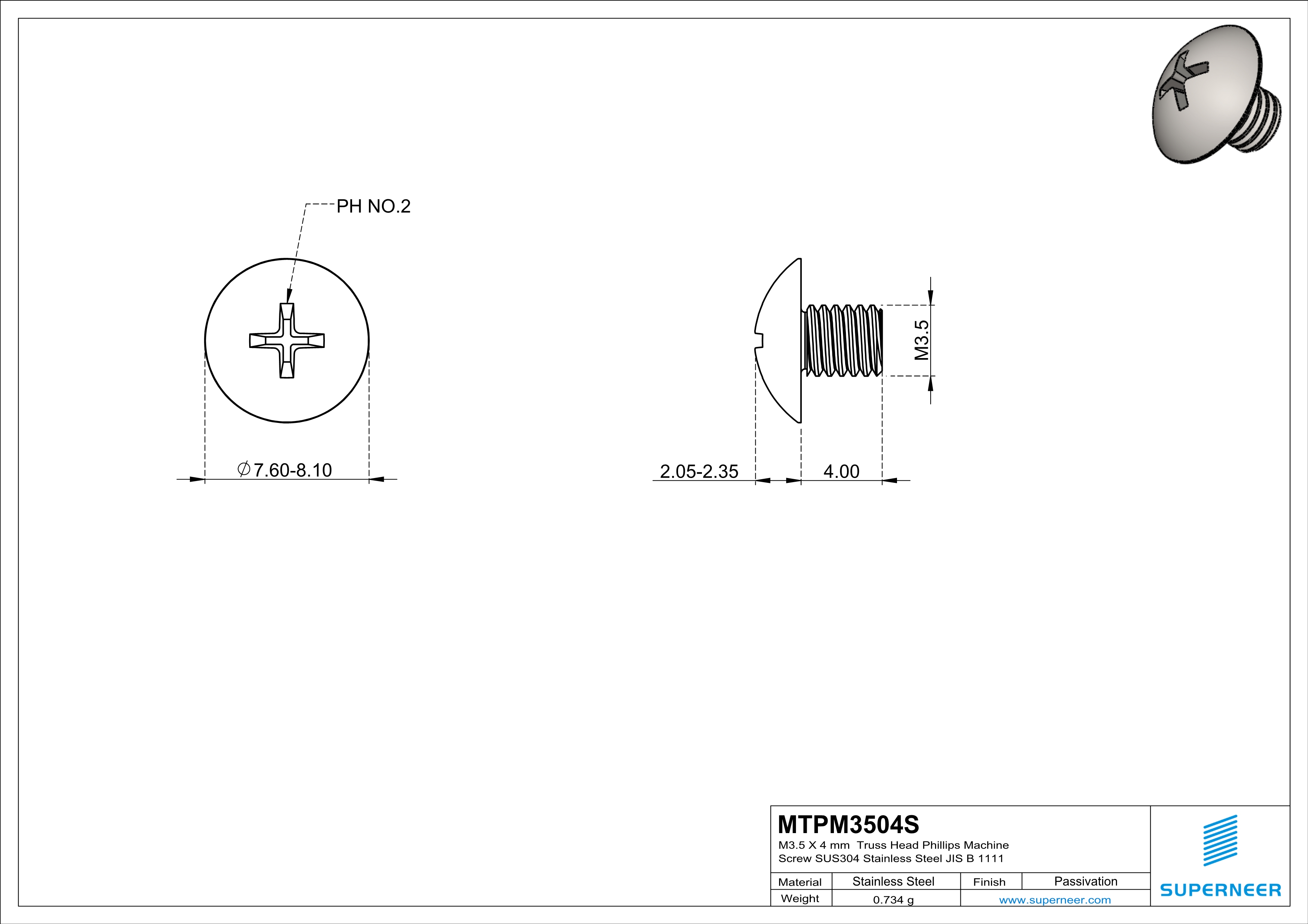 M3.5 x 4 mm  Truss Head Phillips Machine Screw SUS304 Stainless Steel Inox JIS B 1111