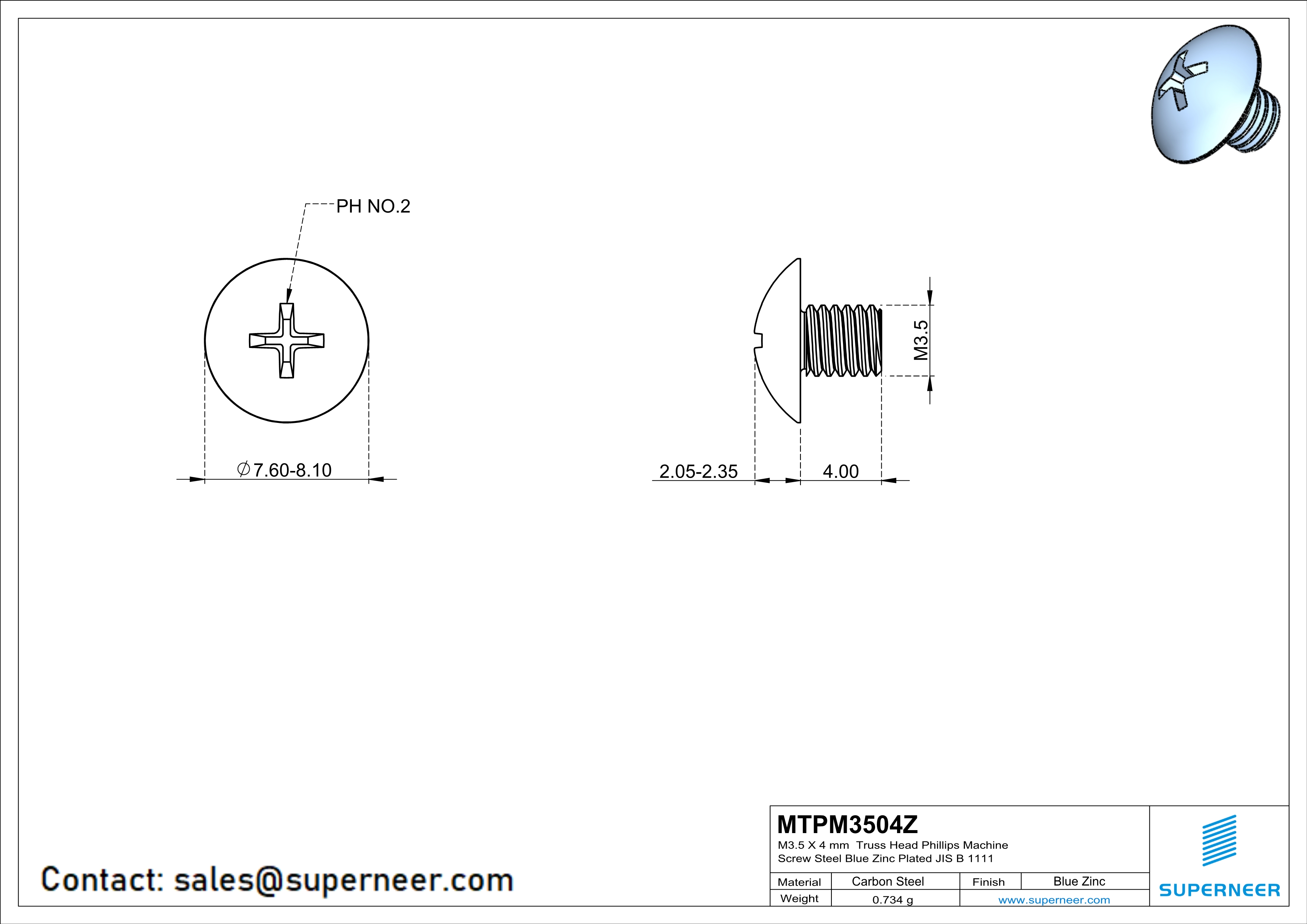 M3.5 x 4 mm Truss Head Phillips Machine Screw Steel Blue Zinc Plated JIS B 1111