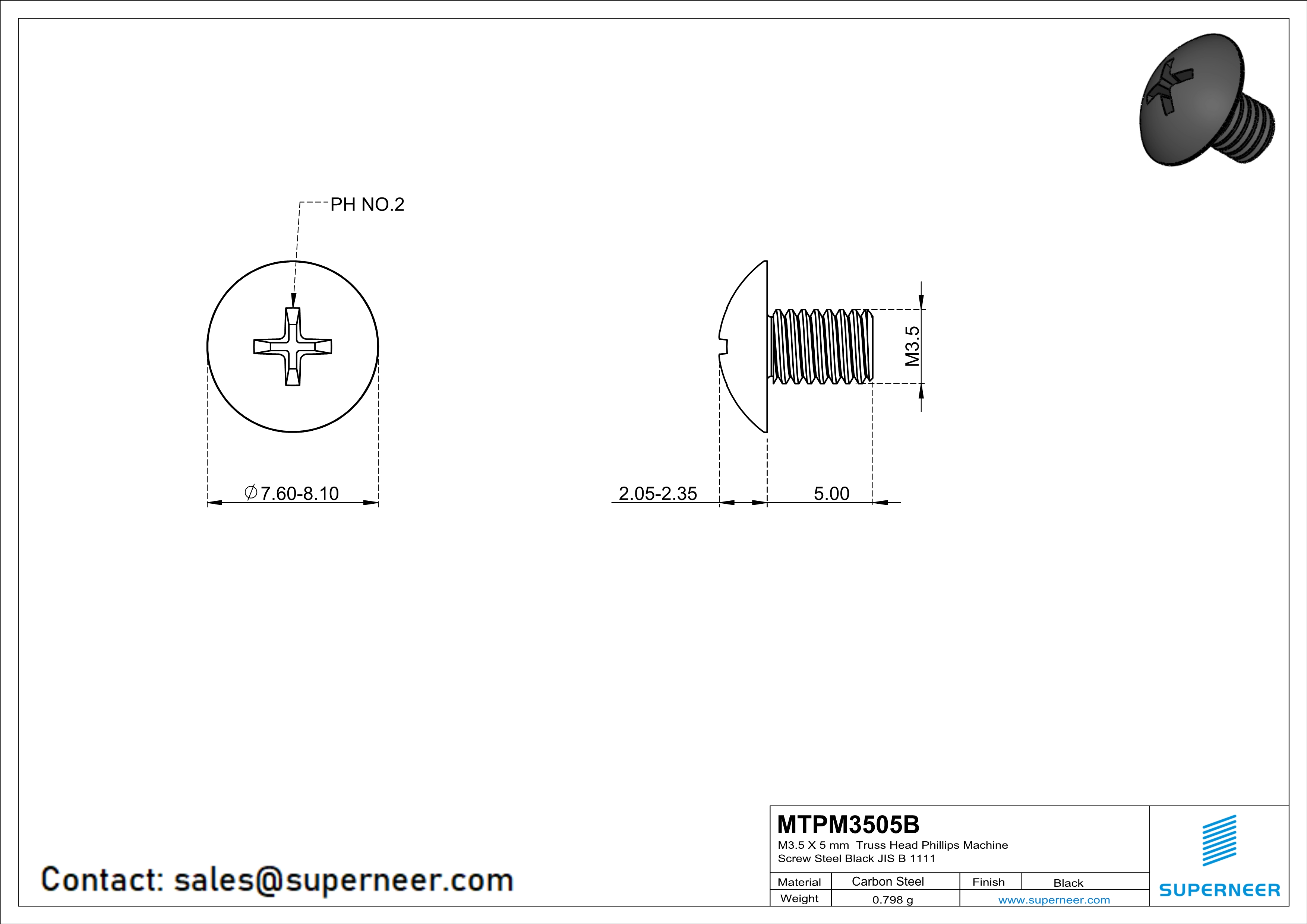 M3.5 x 5 mm Truss Head Phillips Machine Screw Steel Black JIS B 1111