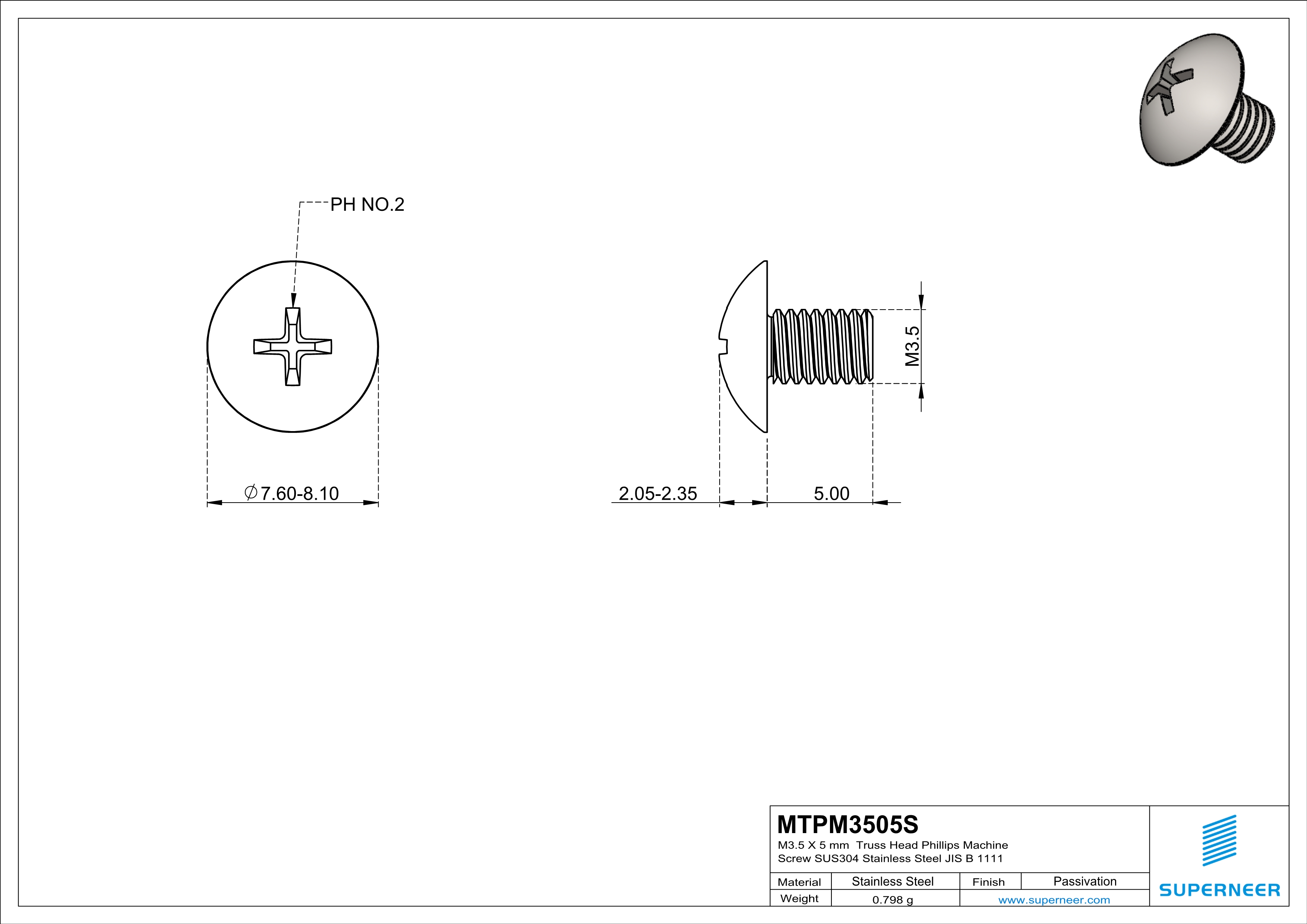 M3.5 x 5 mm  Truss Head Phillips Machine Screw SUS304 Stainless Steel Inox JIS B 1111