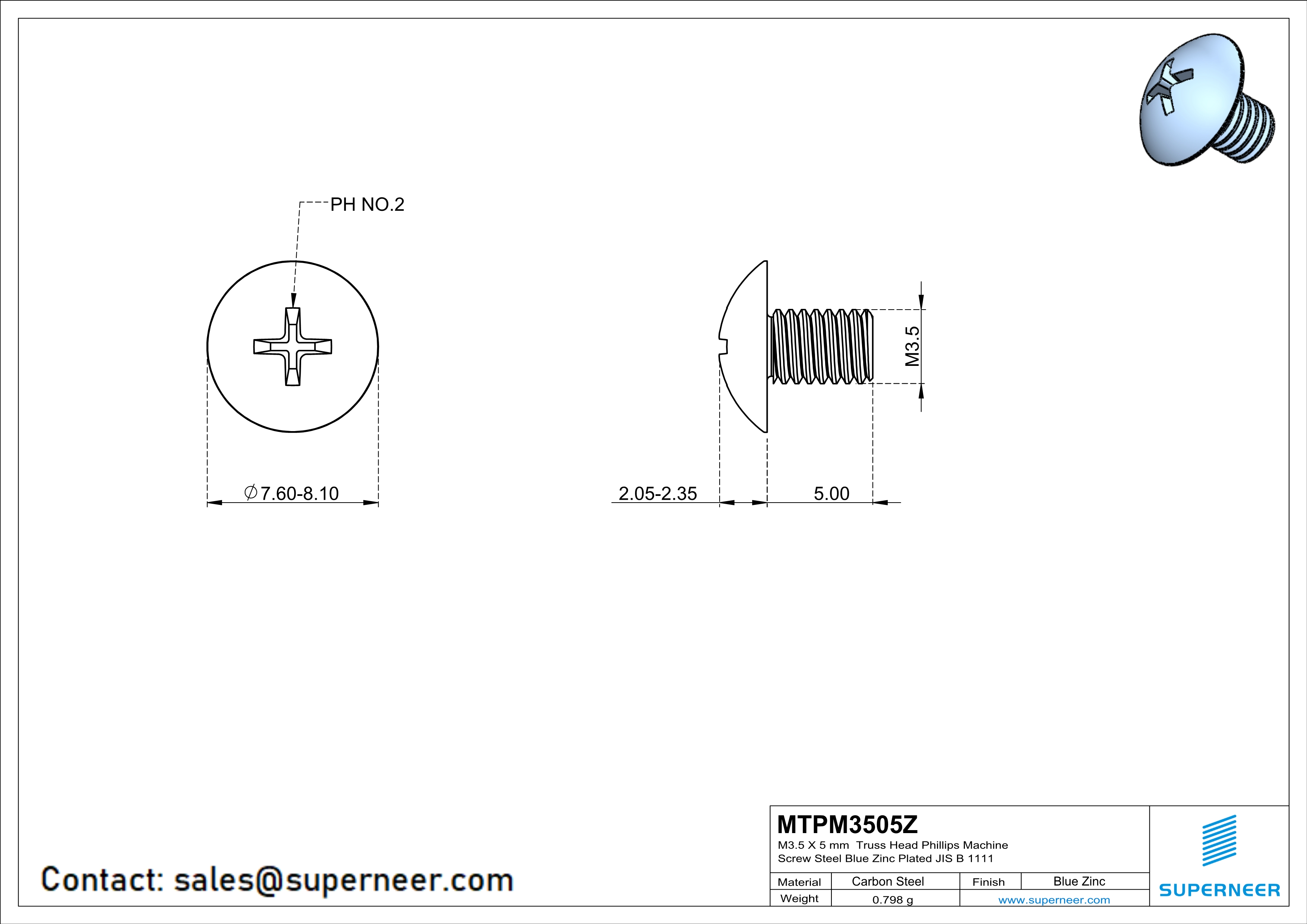 M3.5 x 5 mm Truss Head Phillips Machine Screw Steel Blue Zinc Plated JIS B 1111