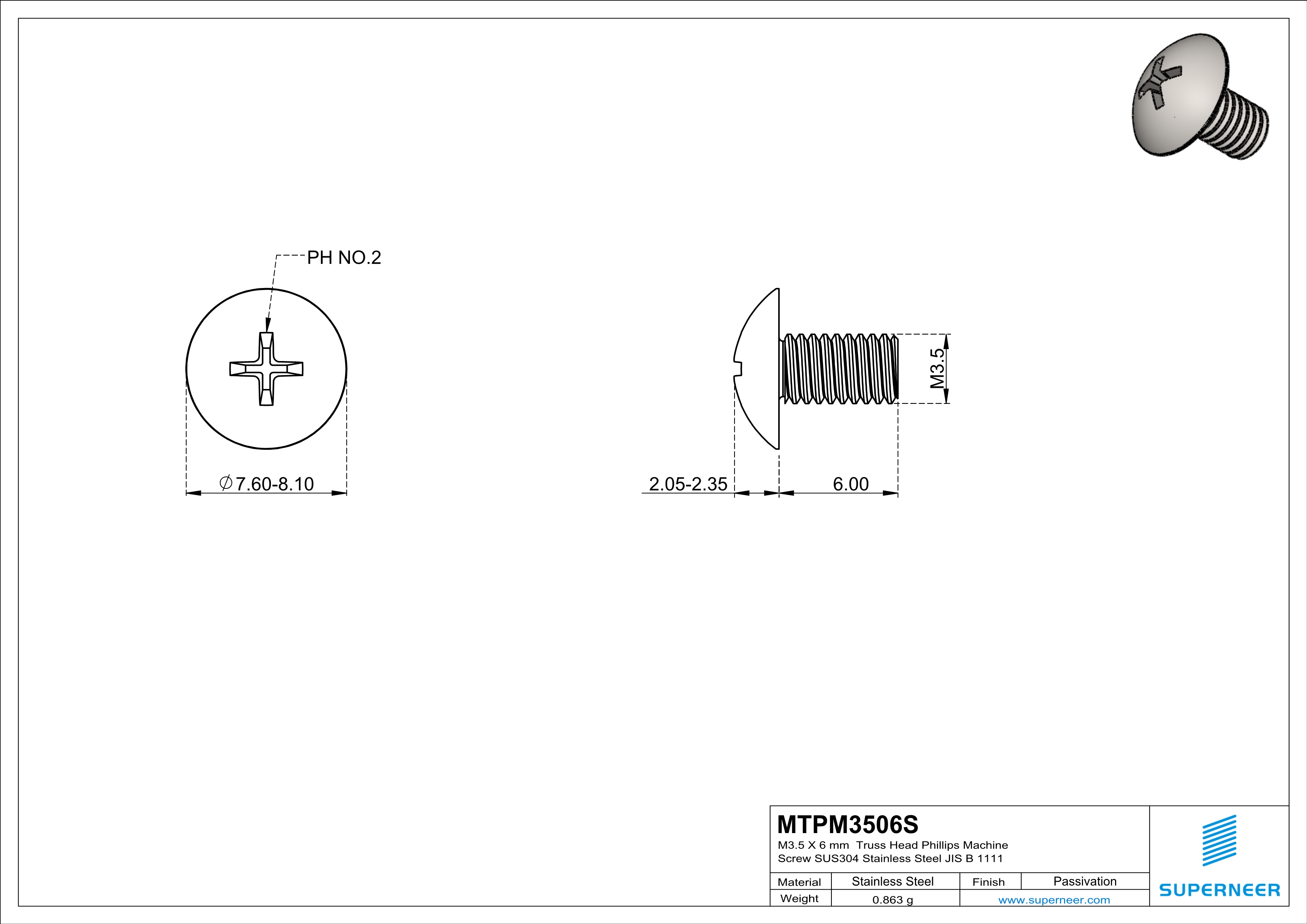 M3.5 x 6 mm  Truss Head Phillips Machine Screw SUS304 Stainless Steel Inox JIS B 1111