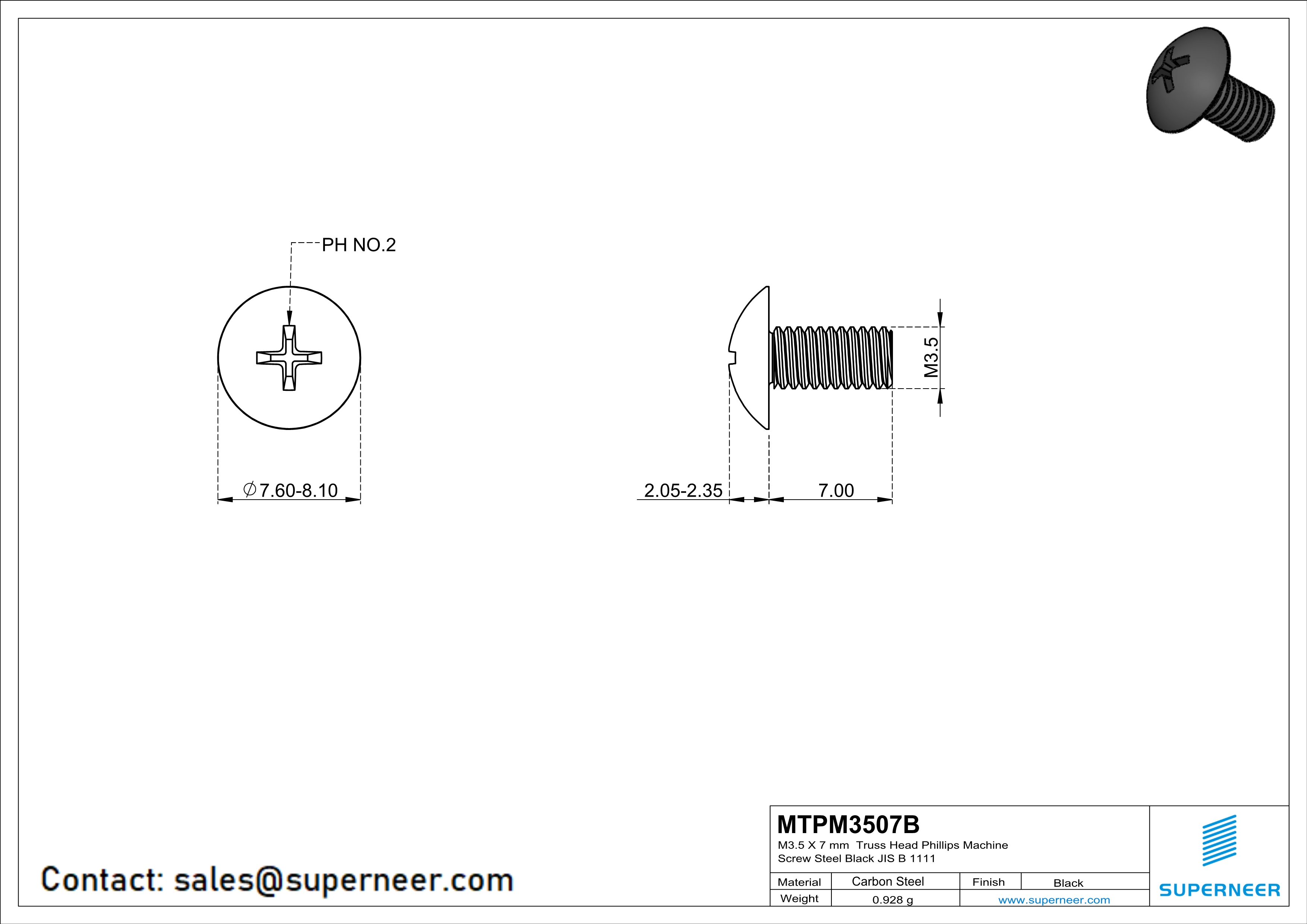 M3.5 x 7 mm Truss Head Phillips Machine Screw Steel Black JIS B 1111