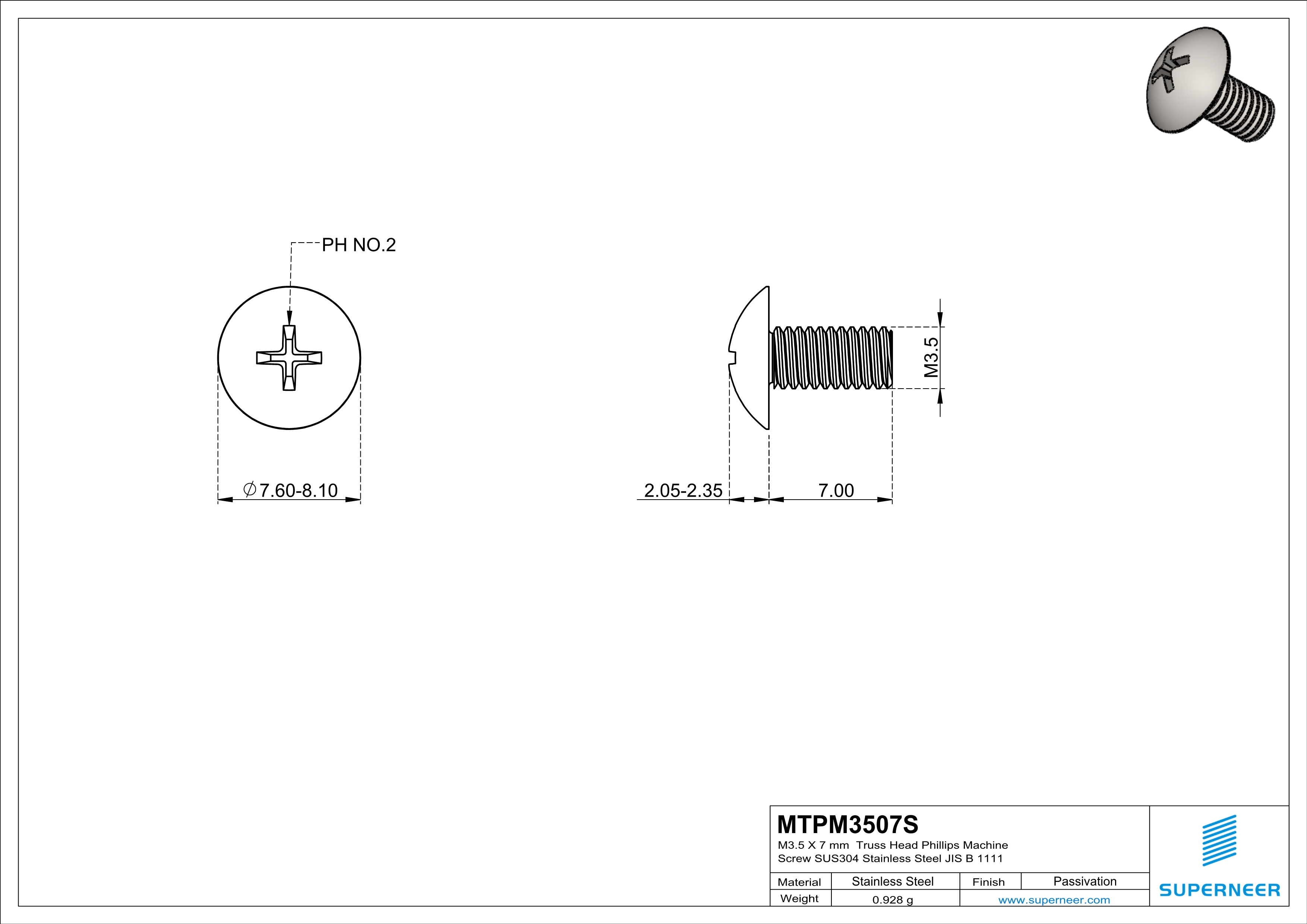 M3.5 x 7 mm  Truss Head Phillips Machine Screw SUS304 Stainless Steel Inox JIS B 1111