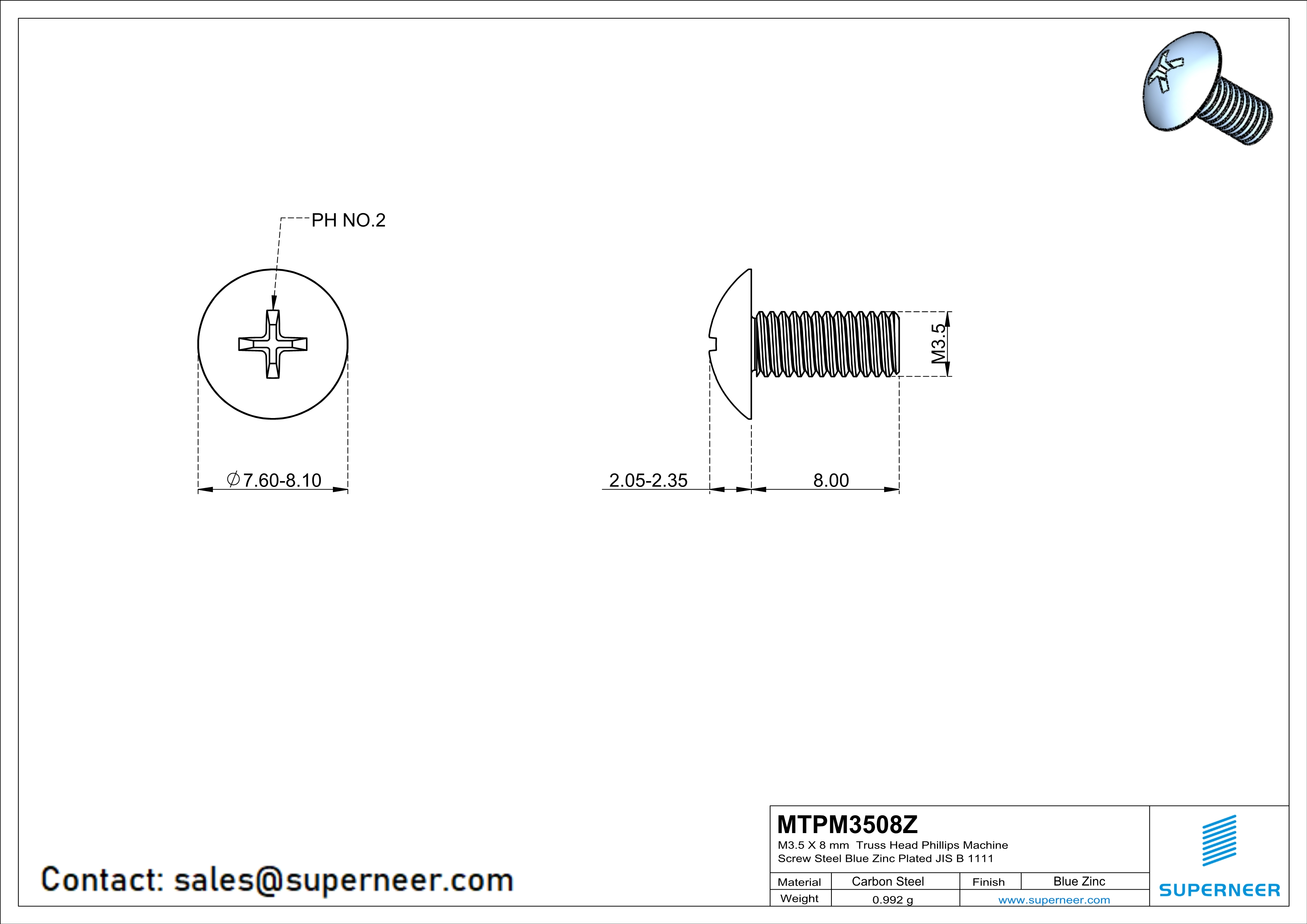 M3.5 x 8 mm Truss Head Phillips Machine Screw Steel Blue Zinc Plated JIS B 1111