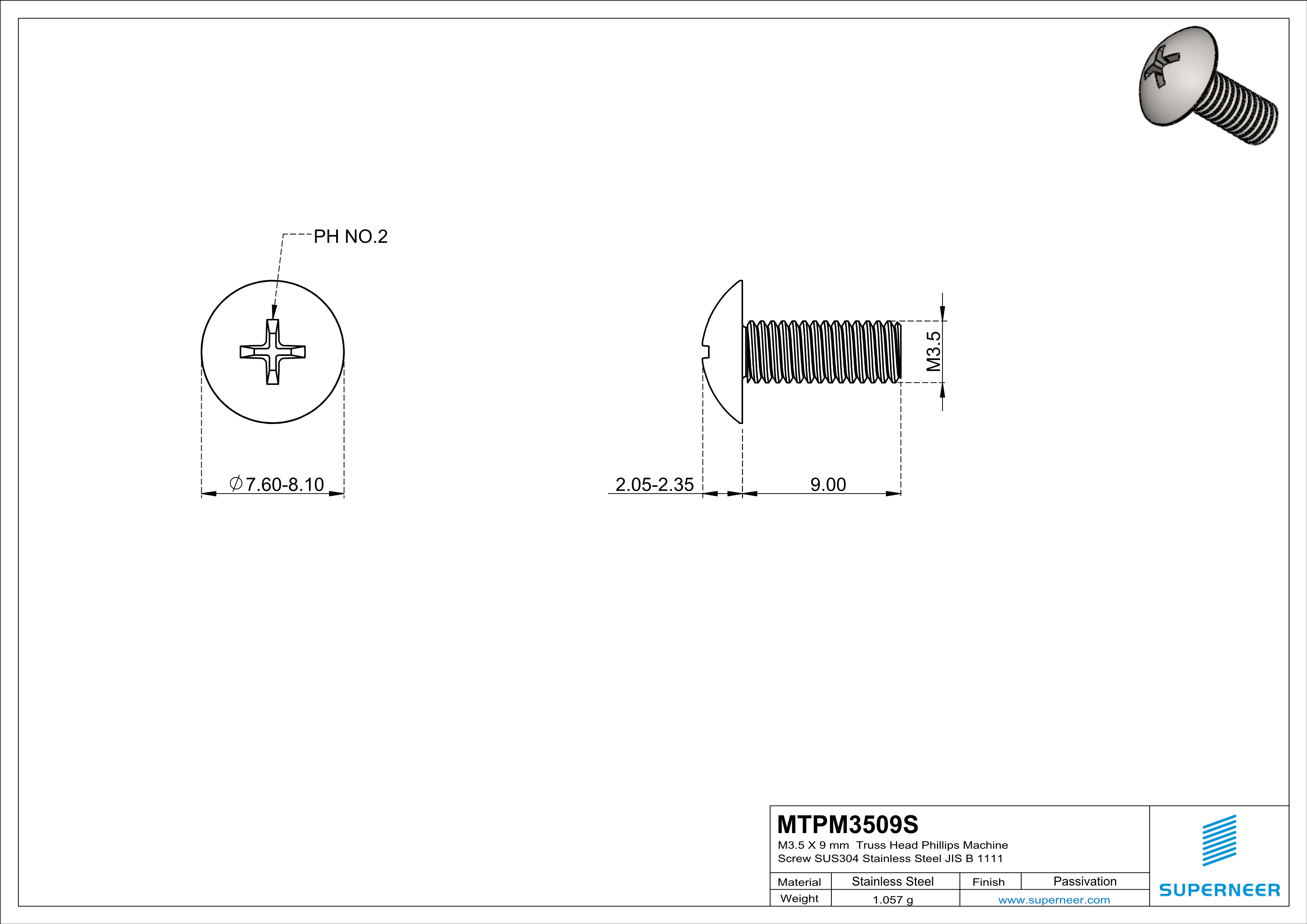 M3.5 x 9 mm  Truss Head Phillips Machine Screw SUS304 Stainless Steel Inox JIS B 1111