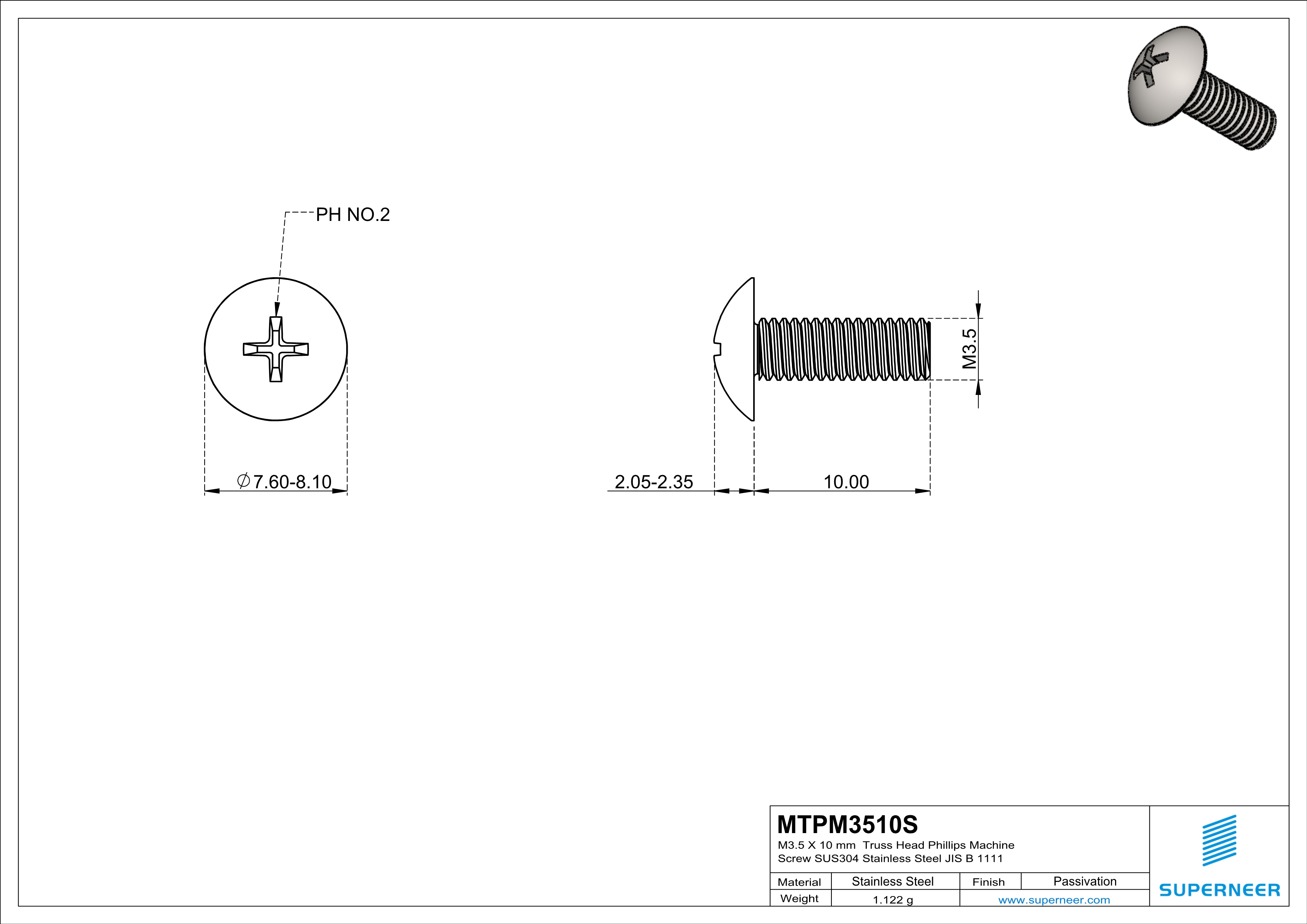 M3.5 x 10 mm  Truss Head Phillips Machine Screw SUS304 Stainless Steel Inox JIS B 1111