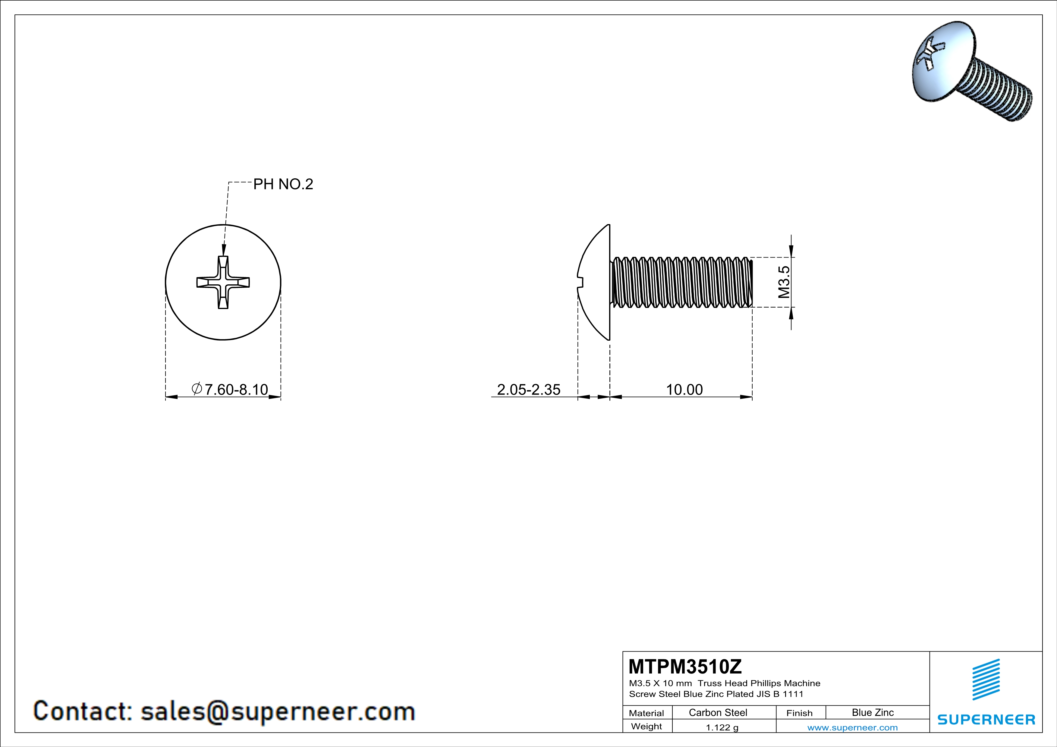 M3.5 x 10 mm Truss Head Phillips Machine Screw Steel Blue Zinc Plated JIS B 1111