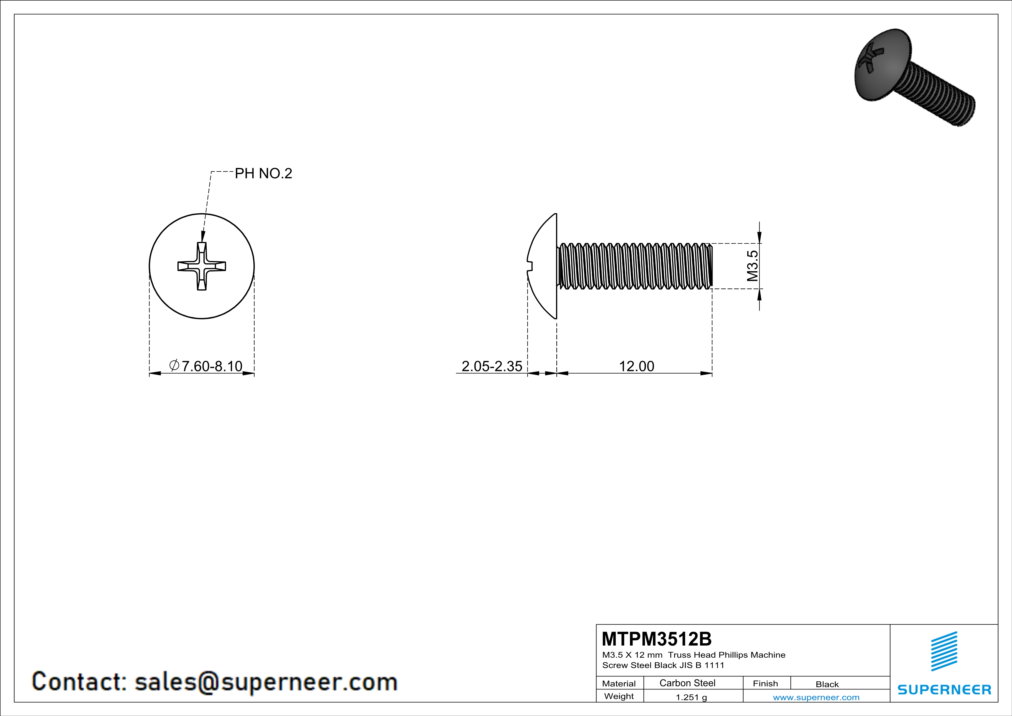 M3.5 x 12 mm Truss Head Phillips Machine Screw Steel Black JIS B 1111