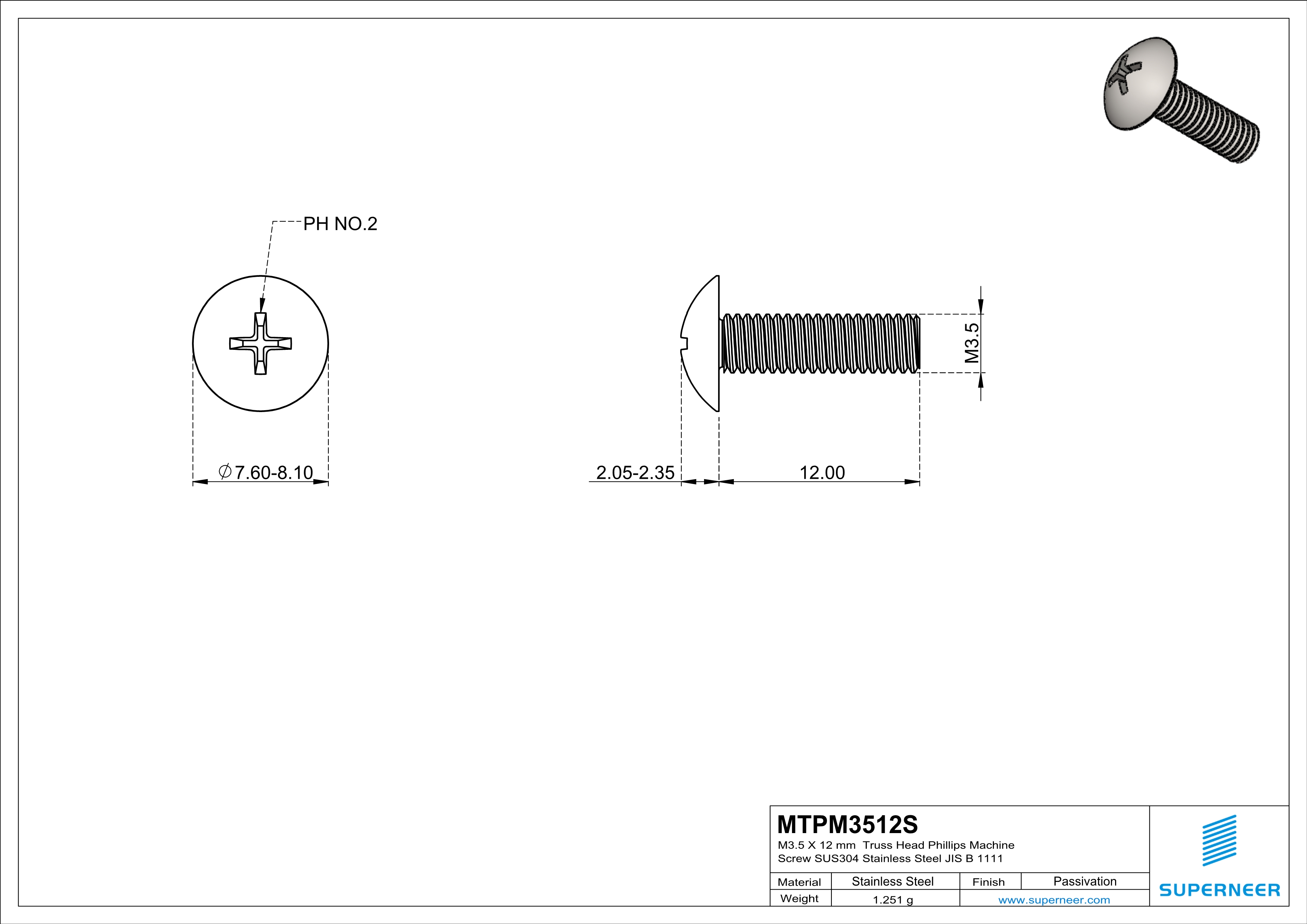 M3.5 x 12 mm  Truss Head Phillips Machine Screw SUS304 Stainless Steel Inox JIS B 1111