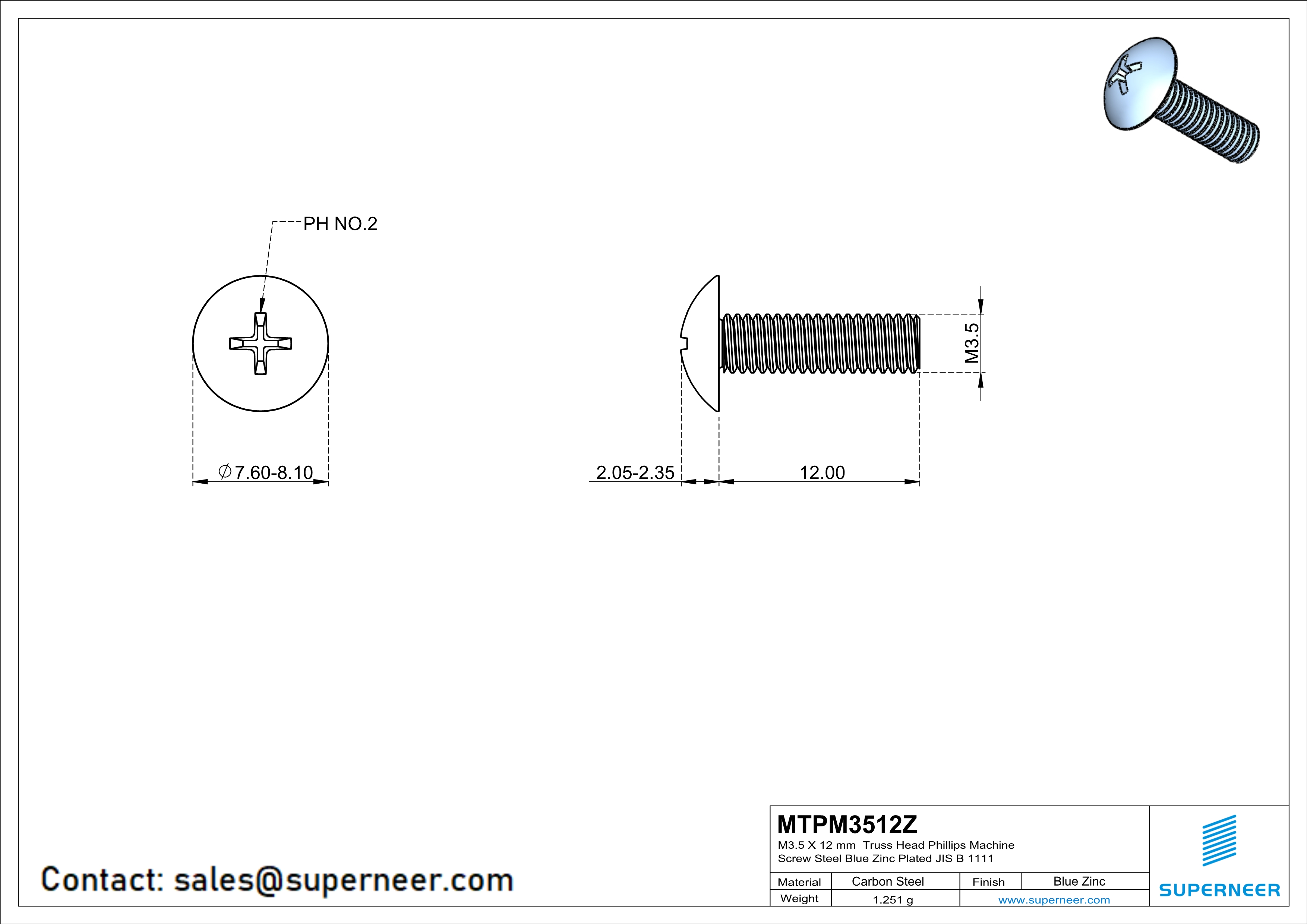 M3.5 x 12 mm Truss Head Phillips Machine Screw Steel Blue Zinc Plated JIS B 1111