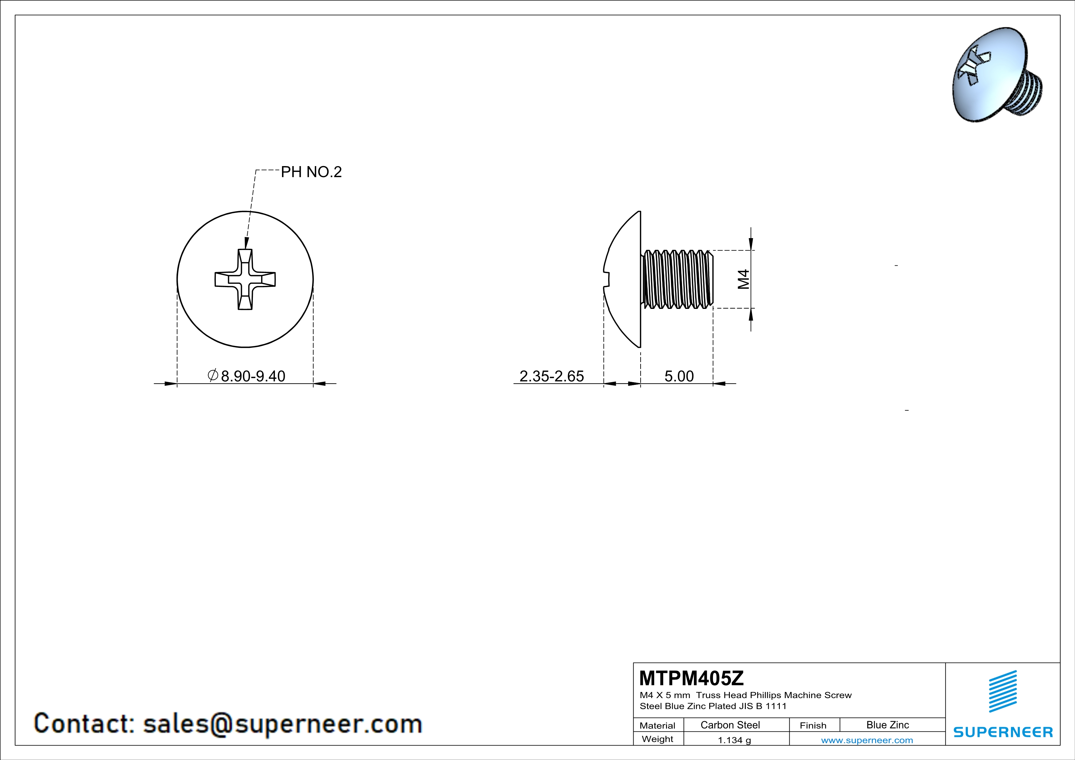 M4 x 5 mm Truss Head Phillips Machine Screw Steel Blue Zinc Plated JIS B 1111