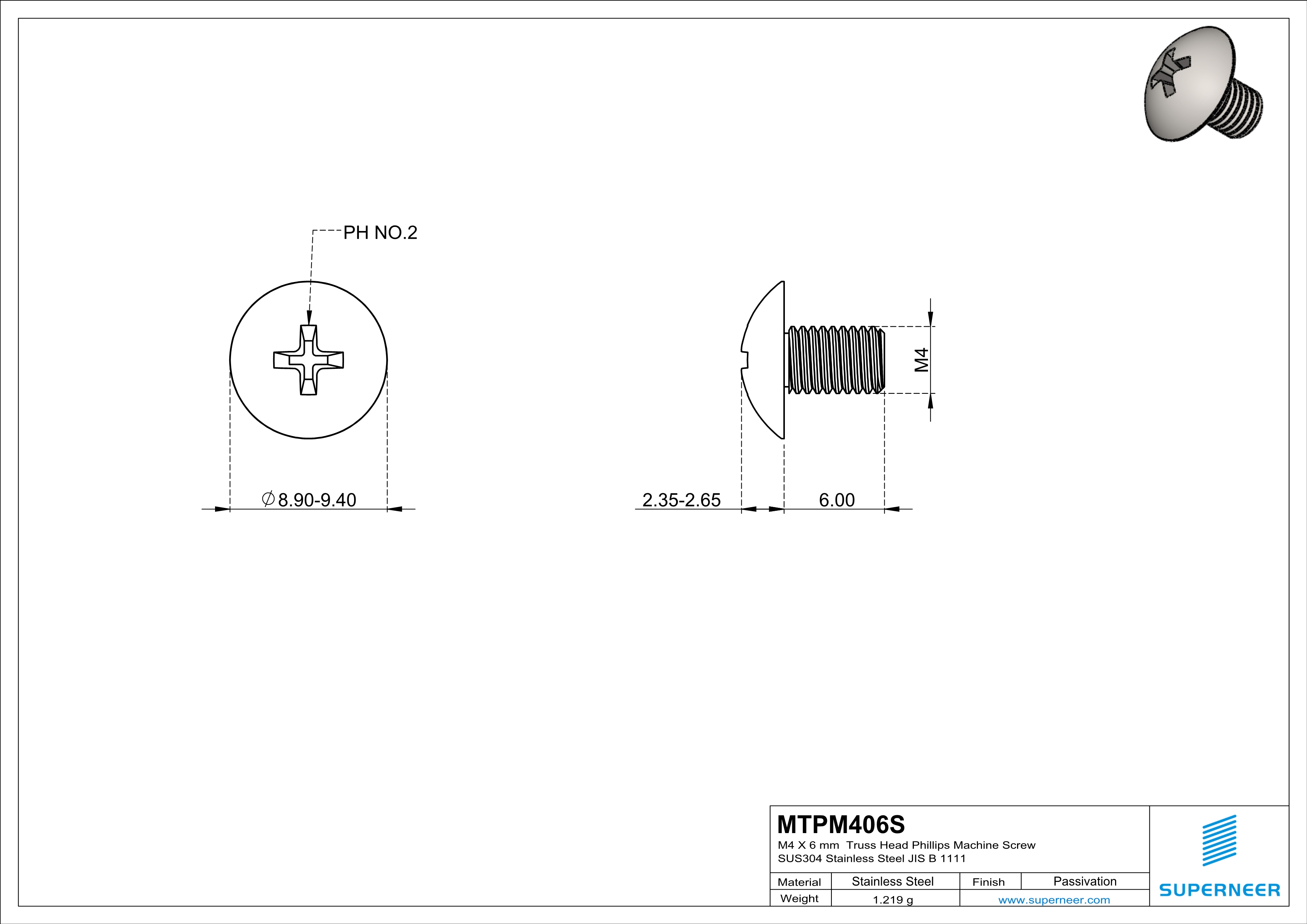 M4 x 6 mm  Truss Head Phillips Machine Screw SUS304 Stainless Steel Inox JIS B 1111