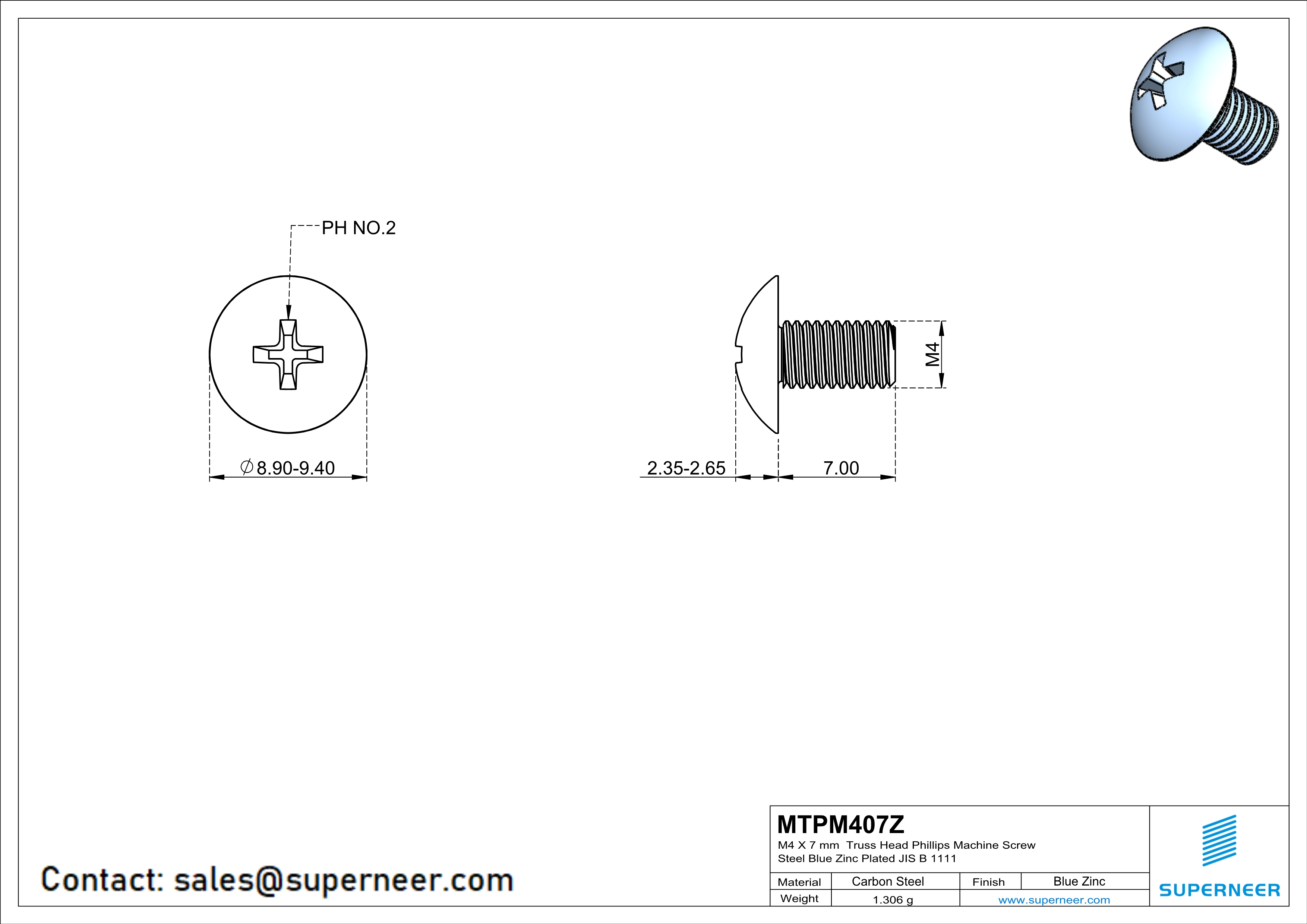 M4 x 7 mm Truss Head Phillips Machine Screw Steel Blue Zinc Plated JIS B 1111