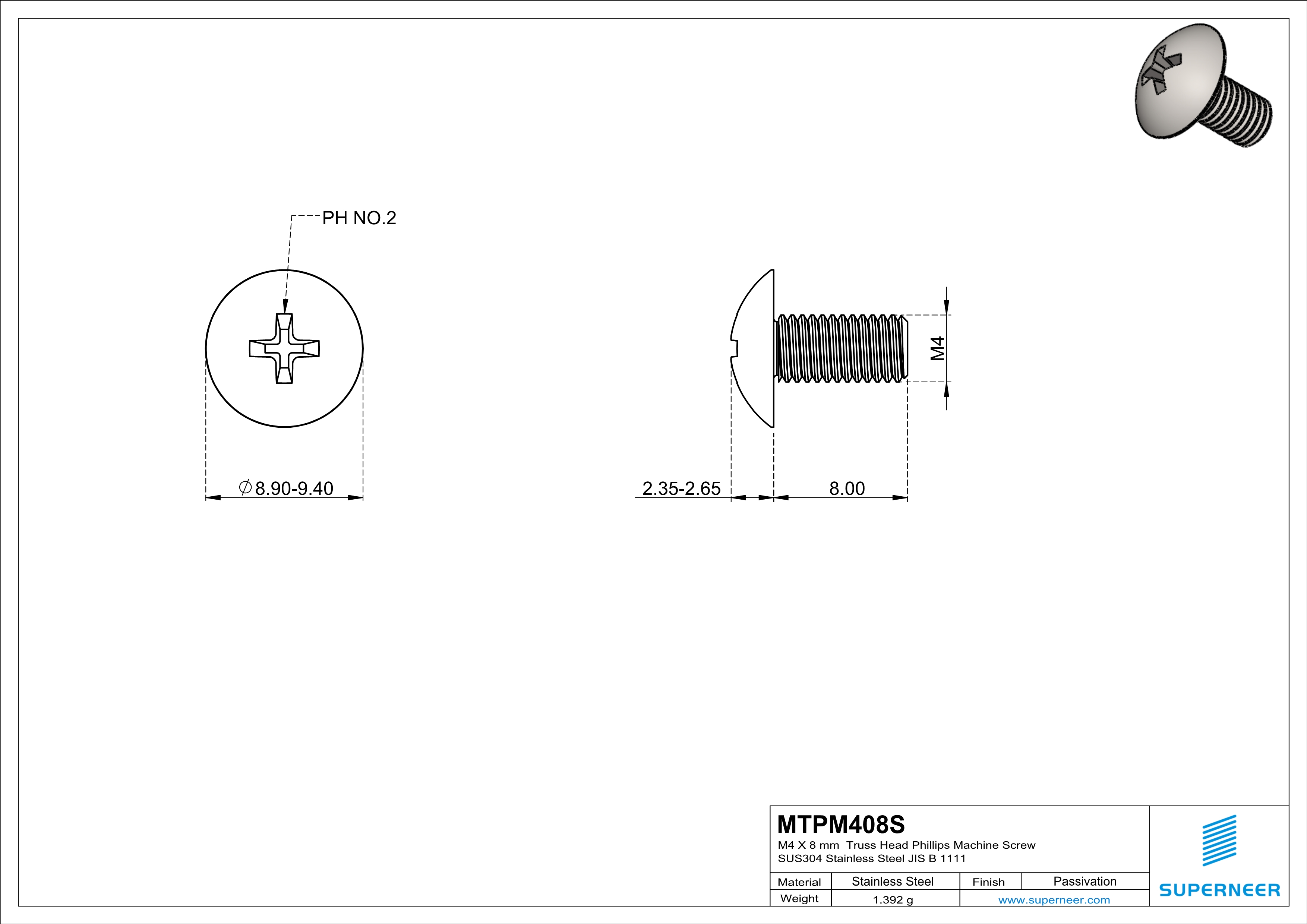 M4 x 8 mm  Truss Head Phillips Machine Screw SUS304 Stainless Steel Inox JIS B 1111