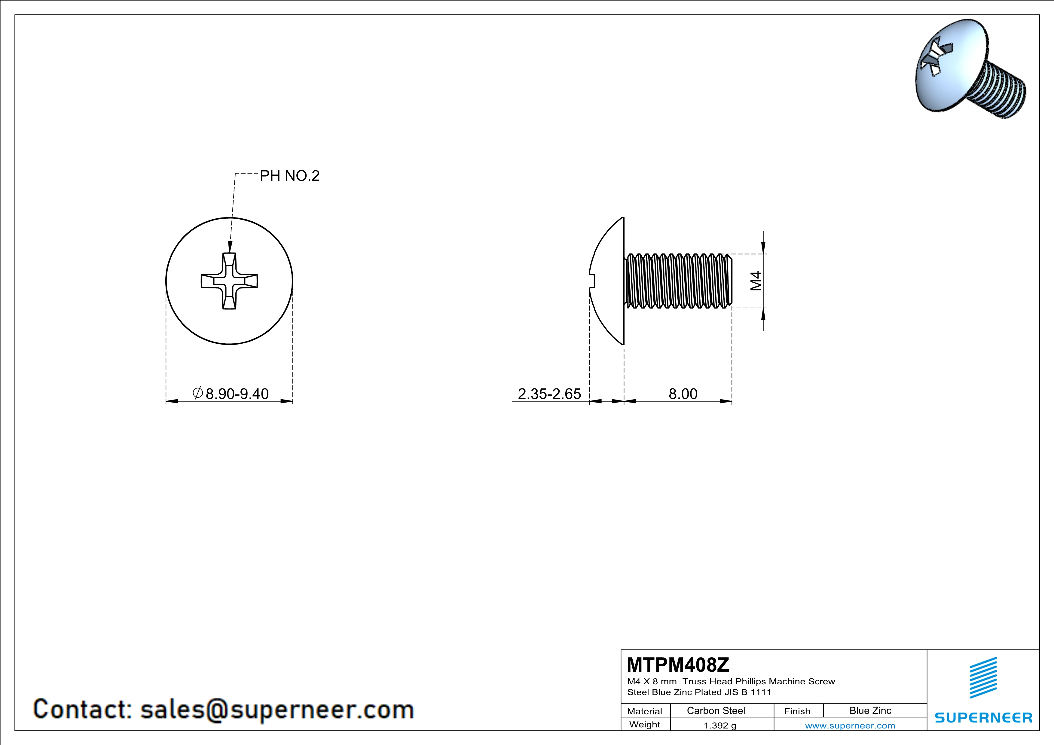 M4 x 8 mm Truss Head Phillips Machine Screw Steel Blue Zinc Plated JIS B 1111