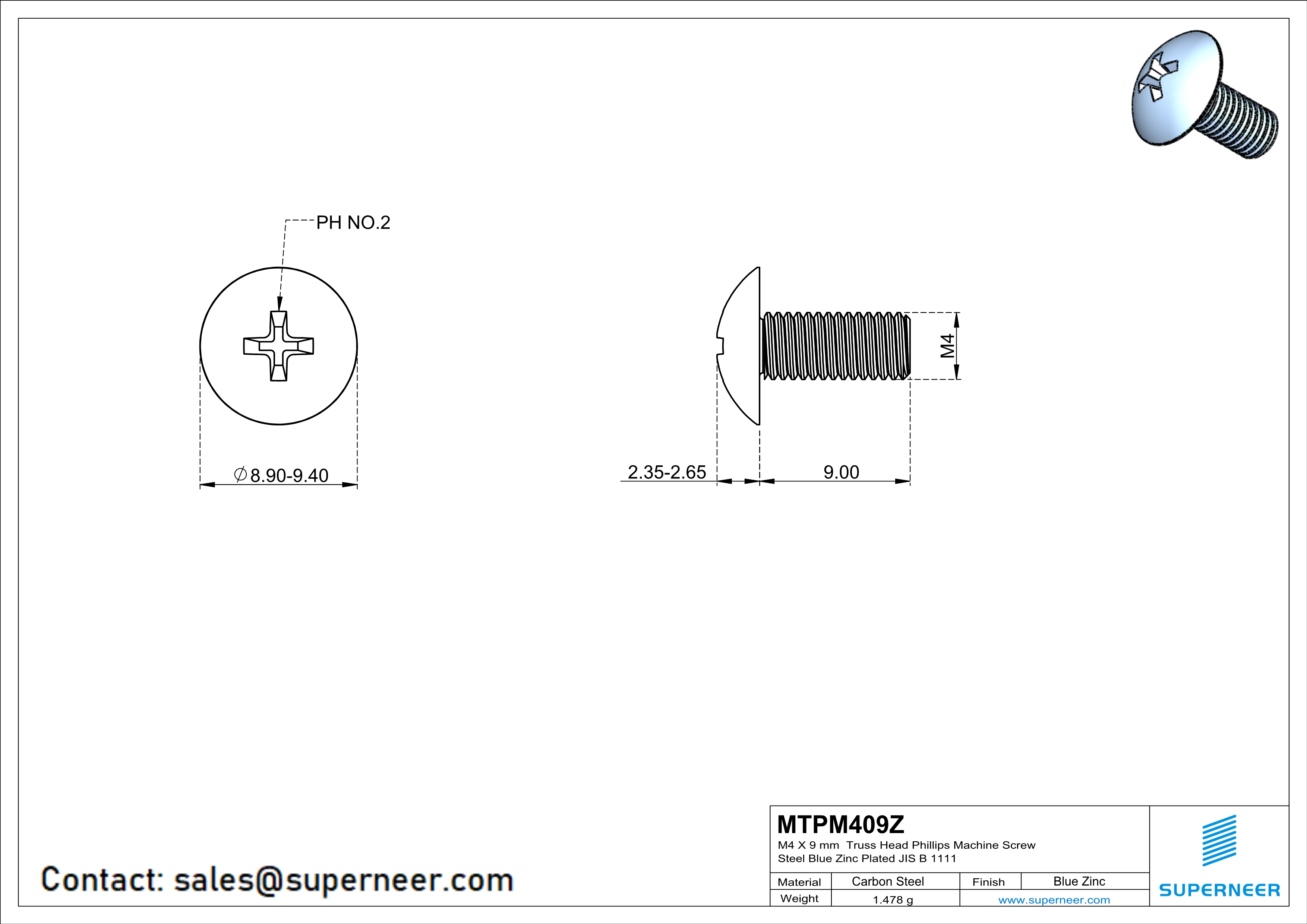 M4 x 9 mm Truss Head Phillips Machine Screw Steel Blue Zinc Plated JIS B 1111