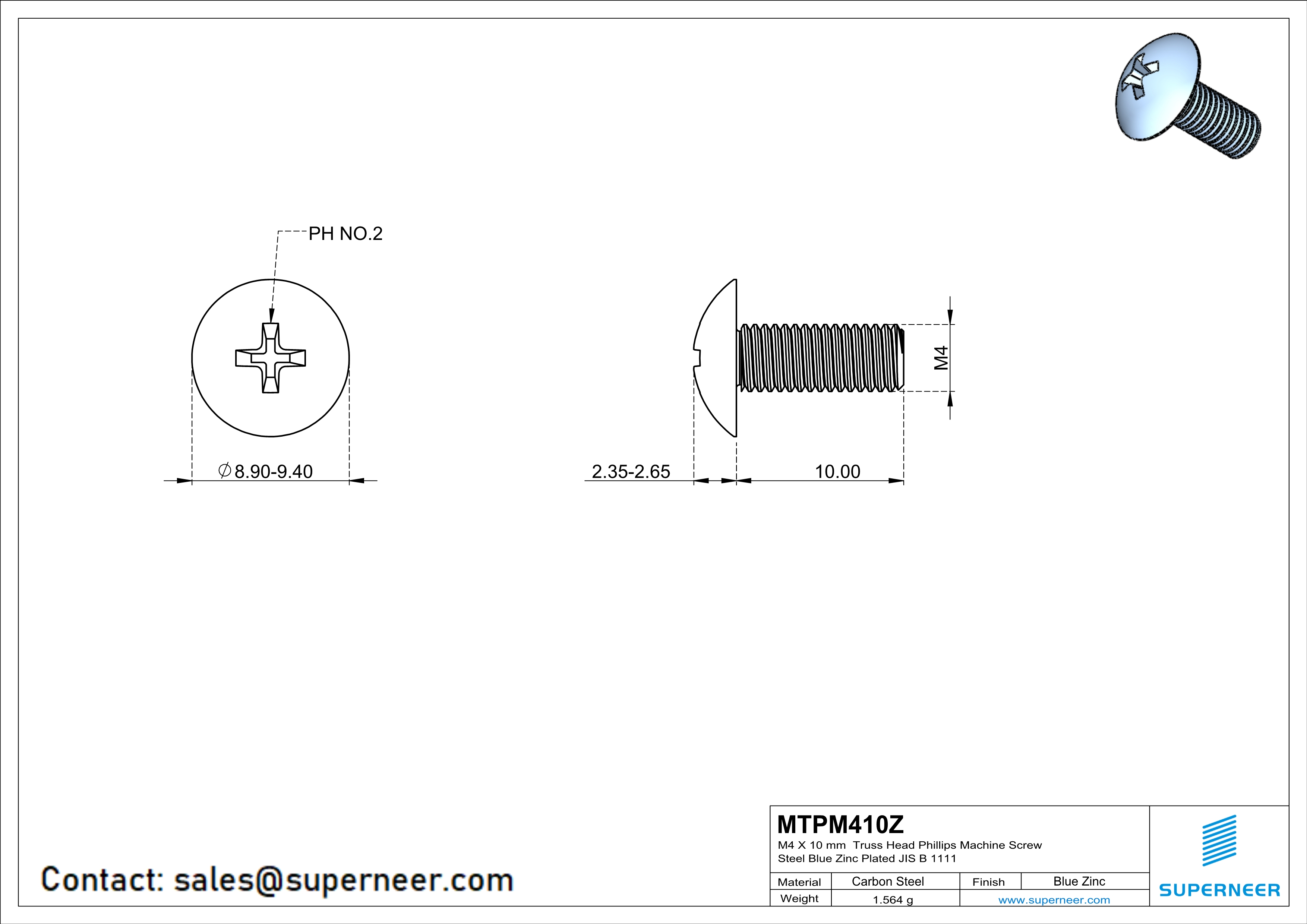 M4 x 10 mm Truss Head Phillips Machine Screw Steel Blue Zinc Plated JIS B 1111