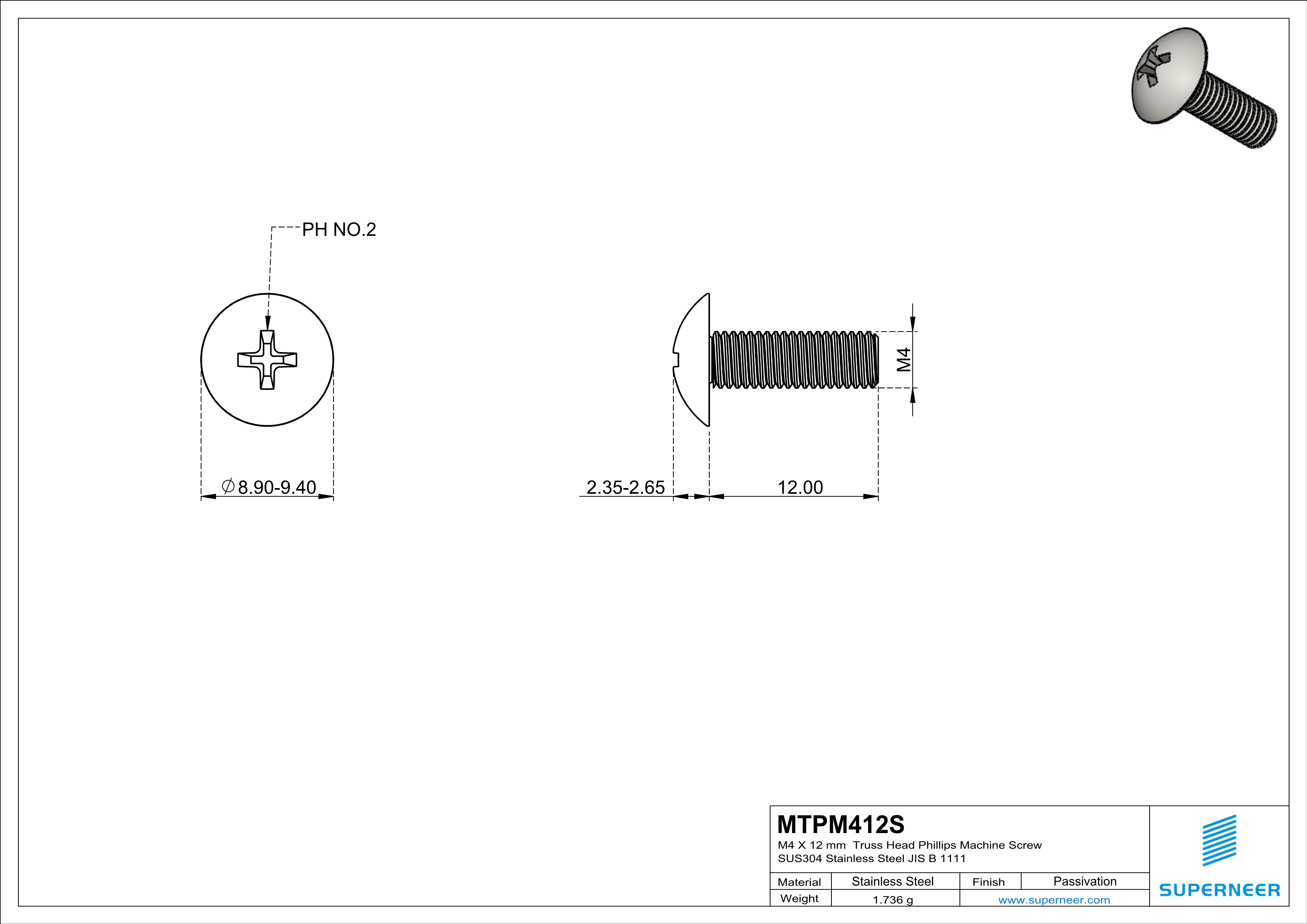 M4 x 12 mm  Truss Head Phillips Machine Screw SUS304 Stainless Steel Inox JIS B 1111