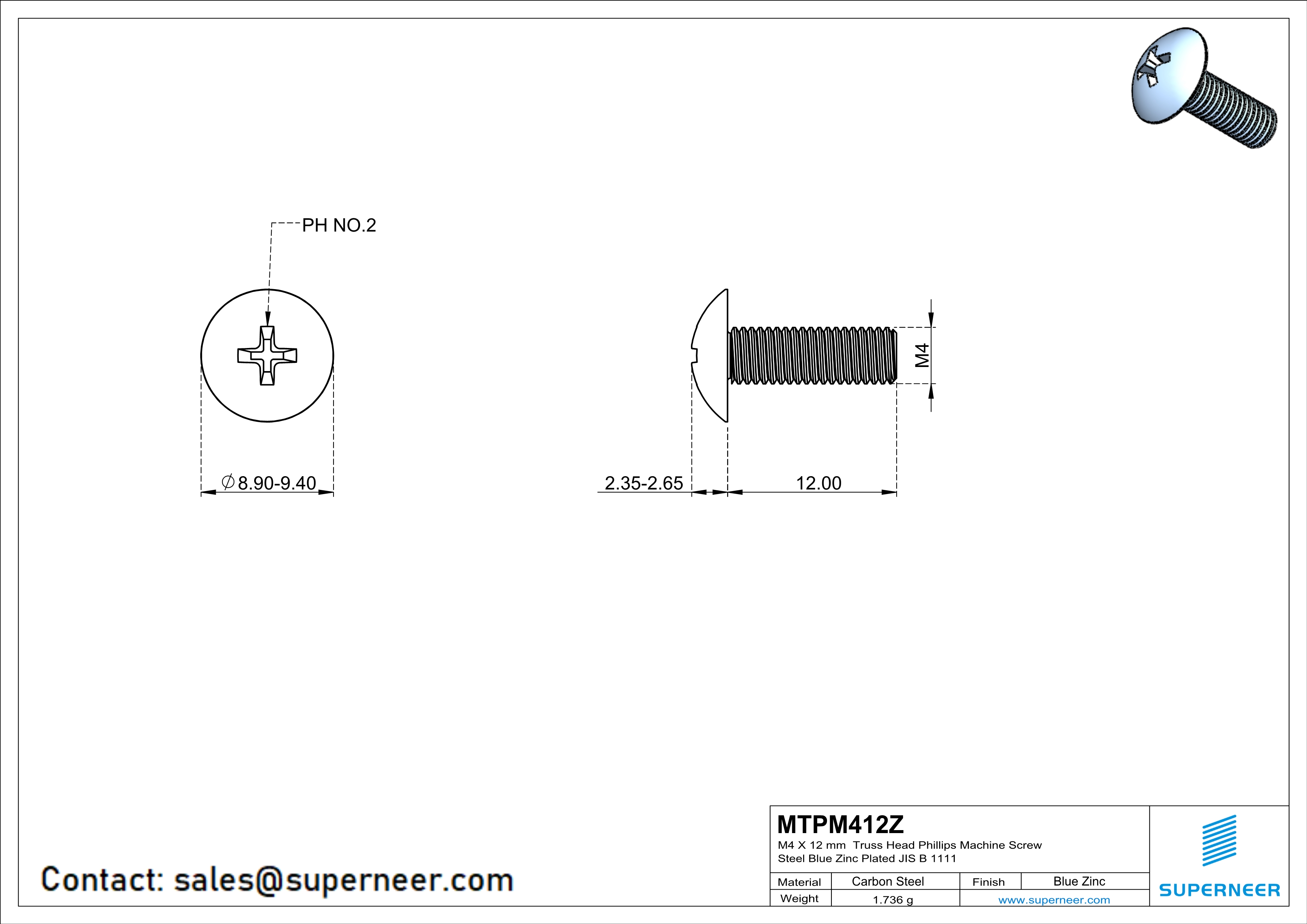 M4 x 12 mm Truss Head Phillips Machine Screw Steel Blue Zinc Plated JIS B 1111