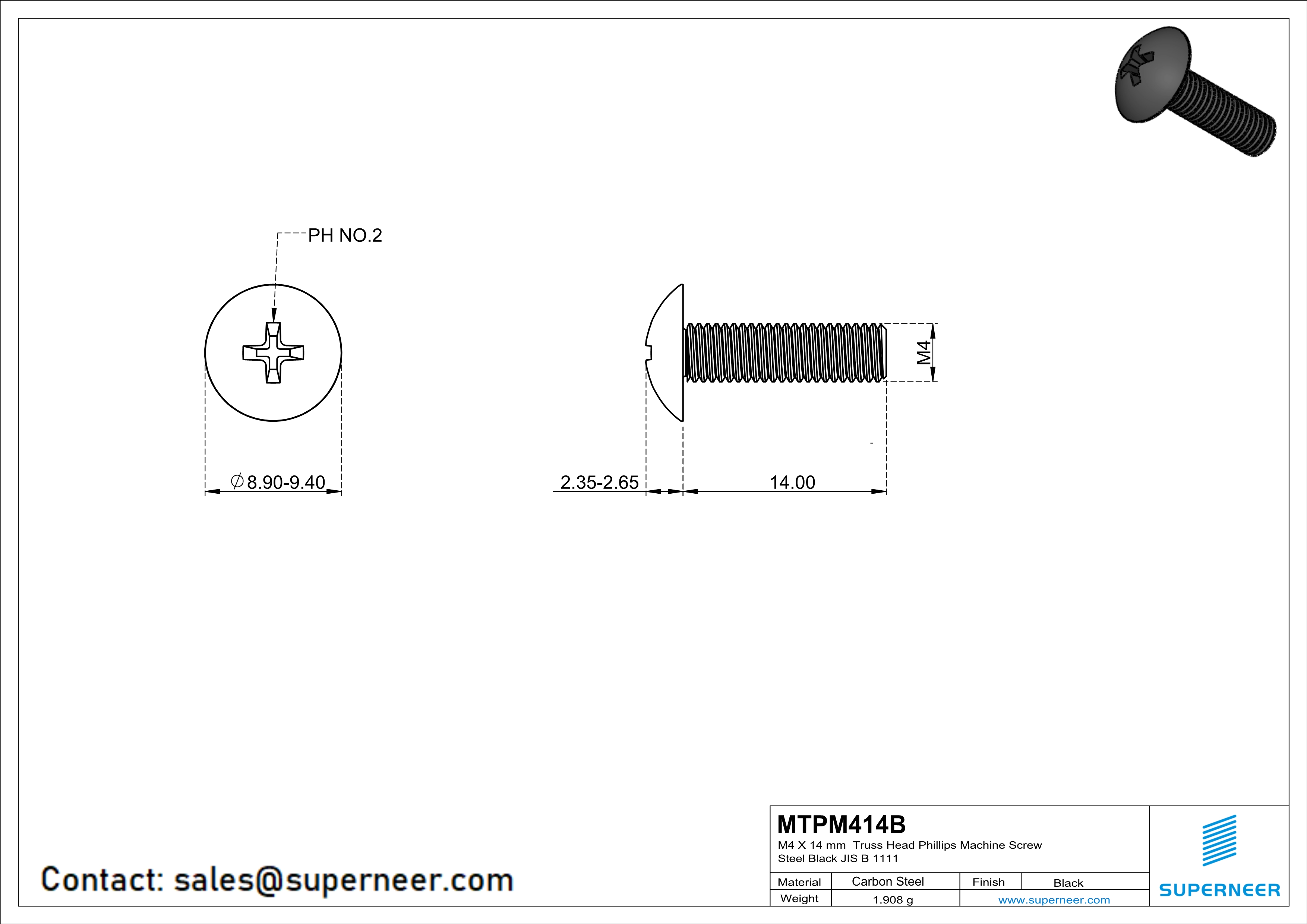 M4 x 14 mm Truss Head Phillips Machine Screw Steel Black JIS B 1111