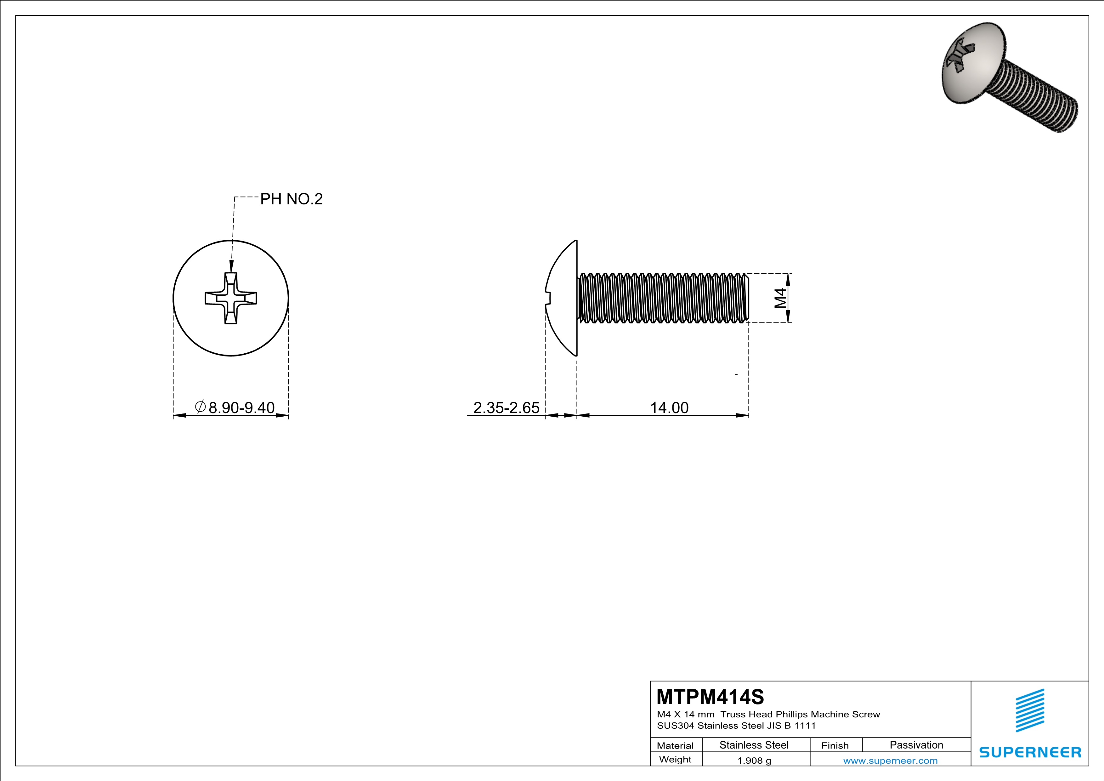 M4 x 14 mm  Truss Head Phillips Machine Screw SUS304 Stainless Steel Inox JIS B 1111